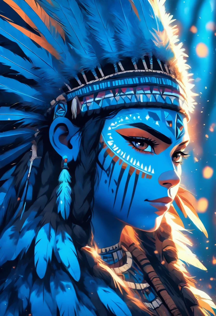(((Blue Feathered Indigenous Woman))) Best quality, very high resolution, Detailed 4K CGI, Masterpiece, femme, Pluie, Plumes bleues, Amazonia, Brazil, Peuples autochtones, Indigenous Tribes, Indigenous Town, woods, aesthetics, belle image , Screen-centric, corps entier
