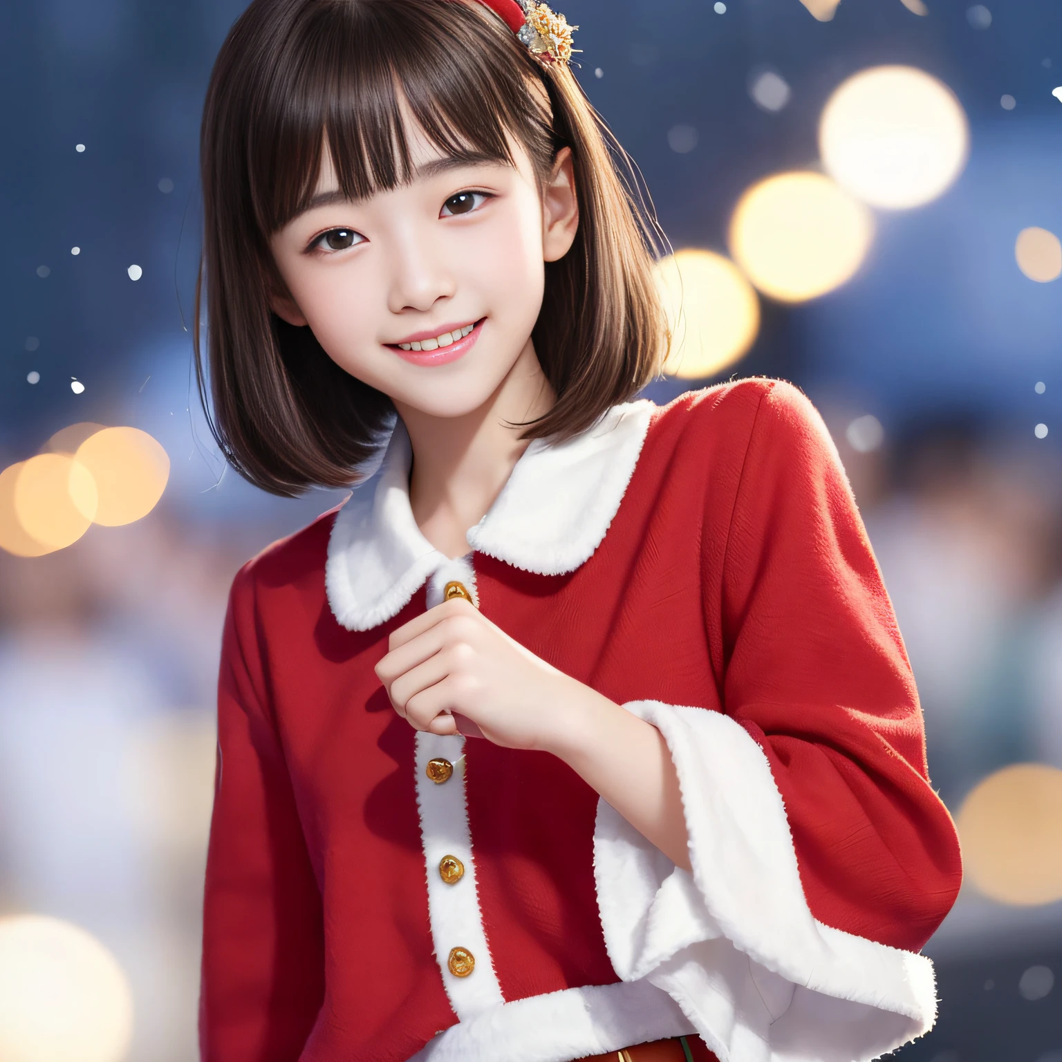 (top-quality、masterpiece:1.2)、Best Quality、realisitic、photoshot、hight resolution、1080p、8K、Textured skin、Physical Rendering、a 、Santa Clothes、Chorus、A smile、bob cuts、Particles of light、Winters、morning、towns、Large crowds、Kawaii Girl、hymn、