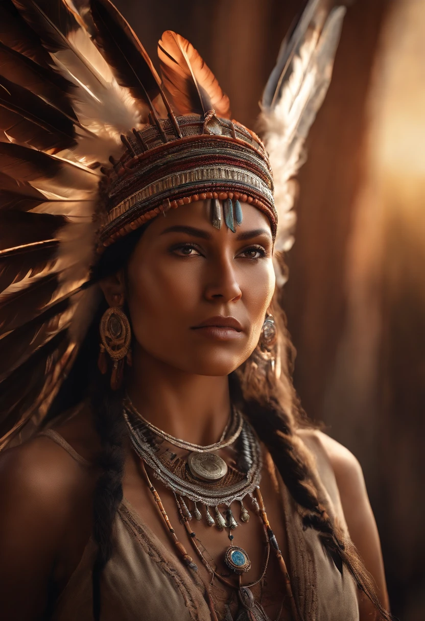 Ultra detailed artistic photography, Native American Beautiful Apache Woman, Tee Pee, Clair de lune, Foyer, Plume, sexy, dream-like, rougeoyant, backlit, ombre, huile sur toile, lisse, ultra high def, 8k, Mise au point ultra nette, intricate artwork masterpiece, Tenue fluide, highly detailed, Dynamique, production cinematic character render, ultra high quality model