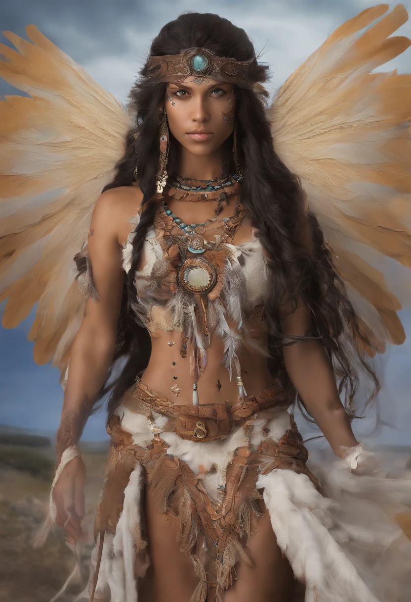 1 fille, native american, longs cheveux noirs, tresses jumelles, yeux bruns, porter une mini-robe en peau de daim, jewelry from America, very tanned skin, daytime, Plaines ouvertes, absurdes, high resolucion, Ultranet, 8k, Masterpiece, Regarder le spectateur, cheveux soufflant dans le vent, grand buste,