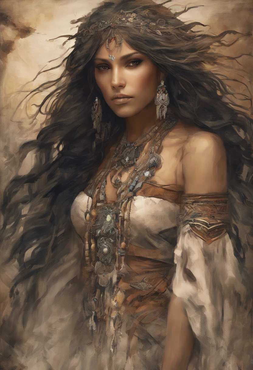 1 fille, native american, longs cheveux noirs, tresses jumelles, yeux bruns, porter une mini-robe en peau de daim, jewelry from America, very tanned skin, daytime, Plaines ouvertes, absurdes, high resolucion, Ultranet, 8k, Masterpiece, Regarder le spectateur, cheveux soufflant dans le vent, grand buste,