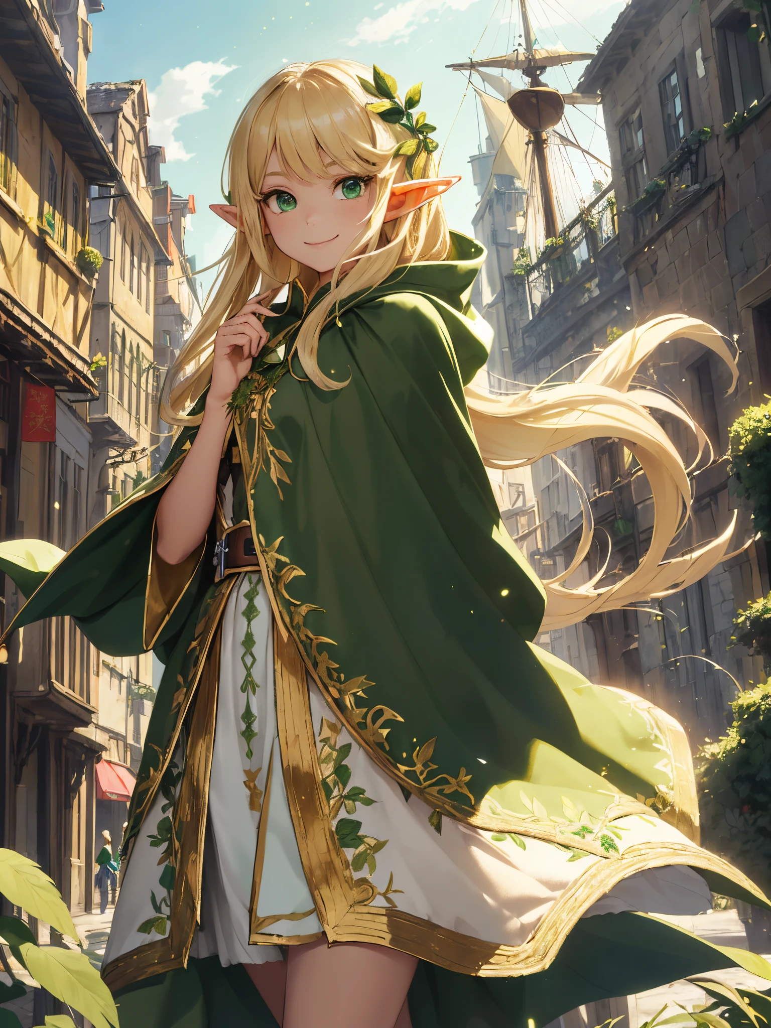 (((Masterpiece, highest quality, high definition, high detail)))), ((((Fantasy))), (((((one Elf young girl)))), ( skirt white with gold embroidery), (blonde long straight hair), (glossy dark green eyes), (green surcoat embroidered with gold), big, (street corner of a port town)), (Huge sailing ship docked in the harbor)), (Looking up at the sailing ship))), (( The vast ramparts surrounding the walled city)), (((decorated green cloak)), tilting the head, smiling, (breeze), particles of light flying