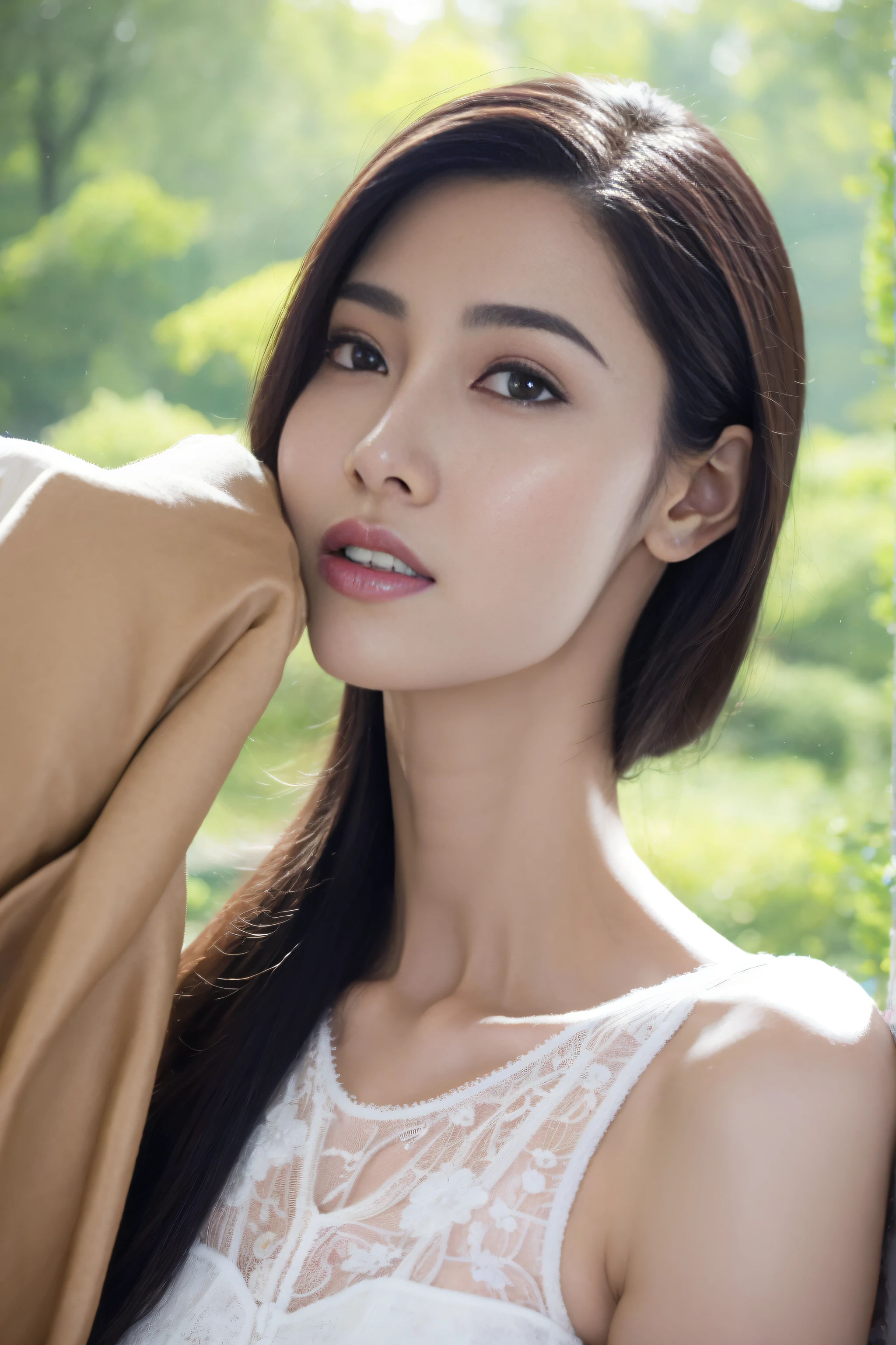Fashion model 20 years old [[[[closeup cleavage]]]], [[[[boobgasm]]]], [[[[coll]]]], [[[[bshoulders]]]], perfect  eyes, Perfect iris，Perfect lips，perfect teeth，Perfect skin，Long face，slender nose，tall nose bridge，Soft front light，hdr，Movie girl，on cheongsam，long whitr hair，Long hair with a shawl，Long hair like a waterfall，Green trees and flowers in the background，（pastel colour：1.2）