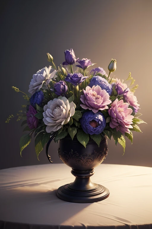 Bouquet of flowers close up , stands in a vase on the table..,  Irises, Peonies, victorian style, ((style Johan Lorenz Jensen)) , Anna Cotterill, Bennett Oates ,Cecil Kennedy, Dutch painting, soft light, Darkened background,lush bouquet , floral still life,Perfect composition, Beautiful detailed, an intricate, Insanely detailed octane rendering, Trending on ArtStation, Fine art photography 8 K, photorealistic concept art, soft natural volumetric cinematic perfect light, chiaroscuro, tmasterpiece, canvas, Butter,