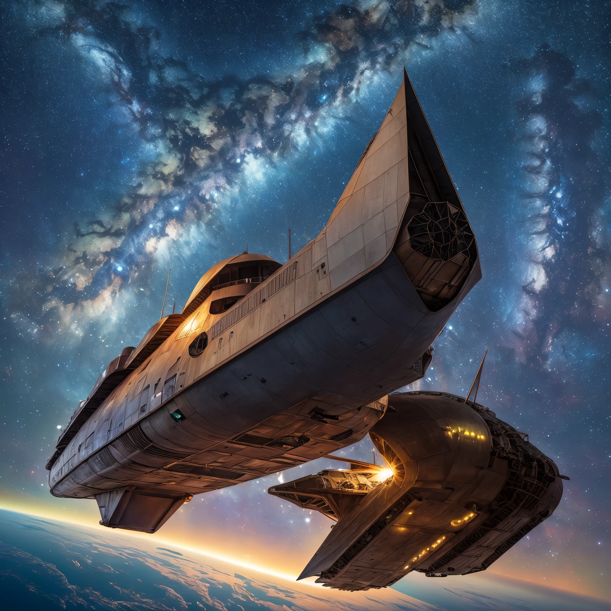 20 years old American woman, ((full body)), ((nude)), ((heavily armored space commander)), beautiful chest, standing with her legs spread apart in the space ship in deep space far from the galaxy, no planet and no moon around there, fighting the huge alien space ship, milky way outside of the ship, zoom in from below