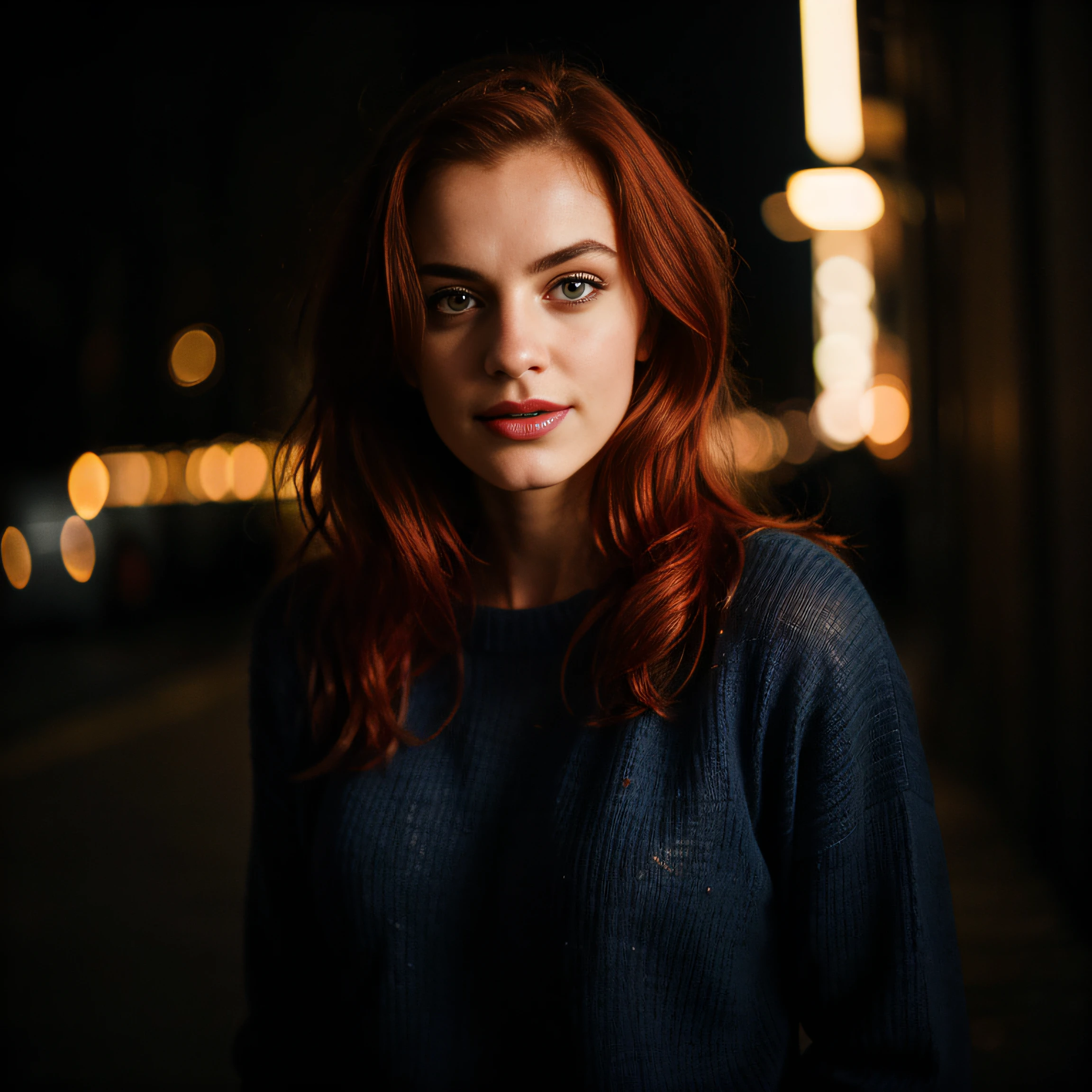 Deep photo of red hair women in blue sweater, depth of field, ferrania p30 film, shadows, messy red hair, perfect face and body, dark, nighttime, dark photo, grainy, dimly lit, seductive smirk, harsh camera flash, evening background