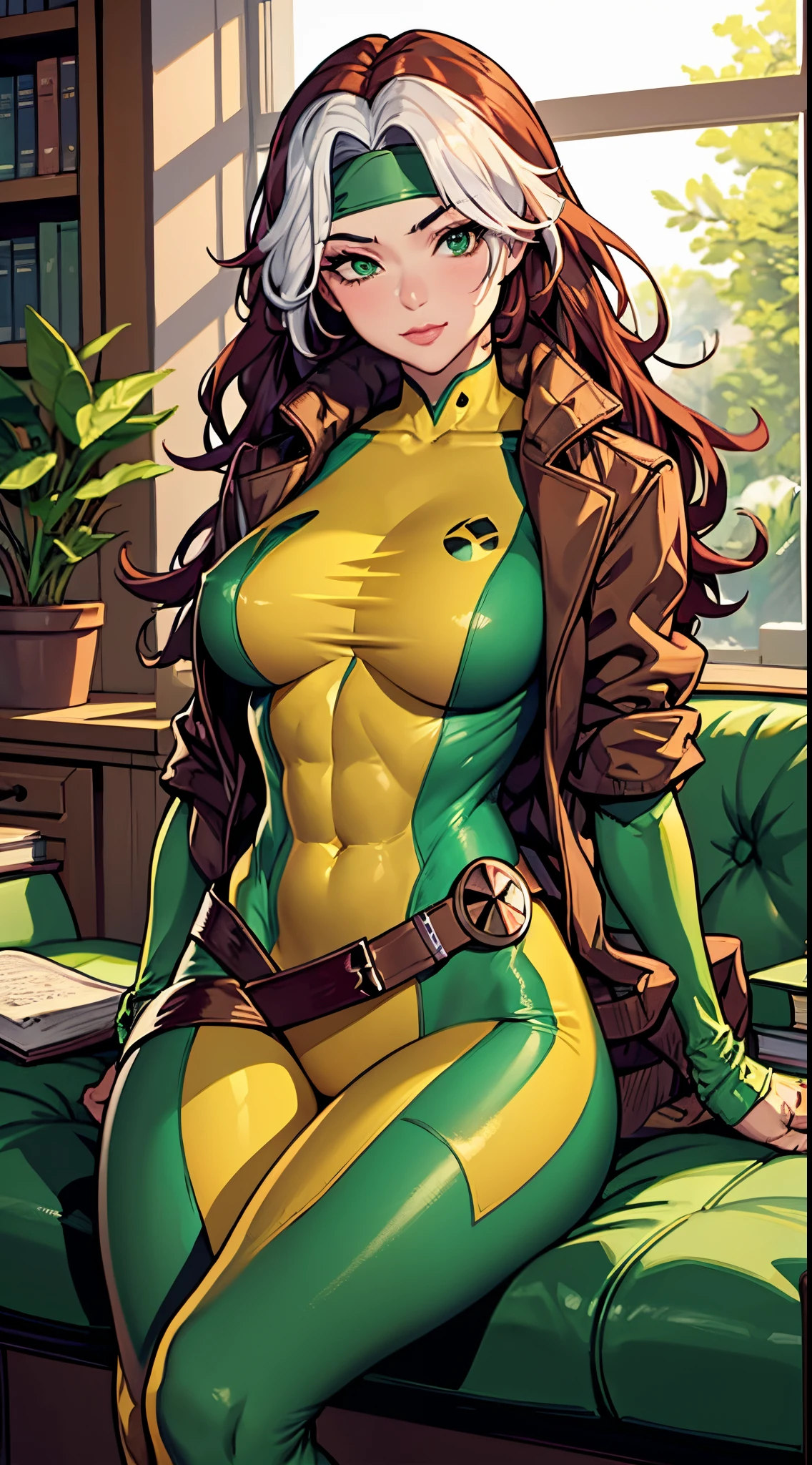 (masterpiece, best quality:1.2), classicrogue, 1girl, solo, long hair, breasts, smile, large breasts, brown hair, green eyes, jacket, big hair, white hair, multicolored hair, parted lips, open clothes, belt, two-tone hair, open jacket, lips, bodysuit, covered navel, makeup, muscular, headband, abs, skin tight, multicolored clothes, muscular female, dyed bangs, multicolored bodysuit, green bodysuit, yellow bodysuit, butterfly, bug, window, sitting, indoors, plant, book, laptop, computer, couch, looking at viewer, closed mouth, blurry, blue butterfly, potted plant, building, expressionless, depth of field, book stack, day