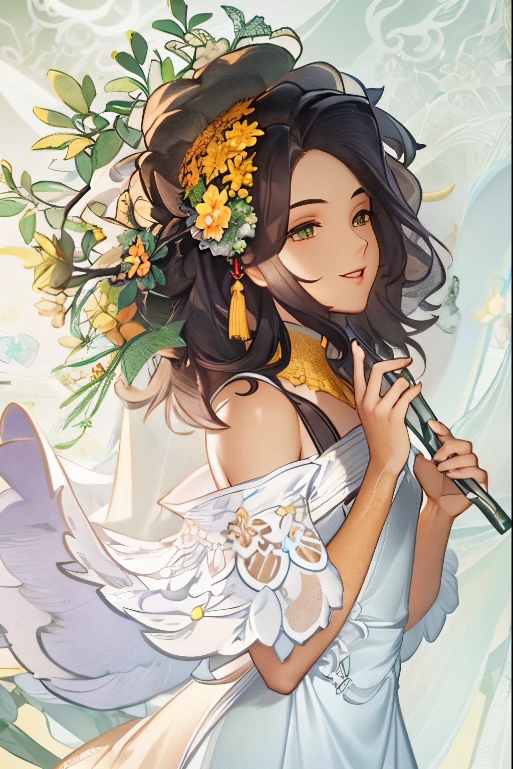 there is a woman with a flower crown on her head,HD, (Masterpiece), Best Quality, High Resolution, Smile, ((Young Man)), Extremely Detailed Wallpaper, Perfect Lighting, (Extremely Detailed CG), Wallpaper, Colorful, Picture Book, Game CG,