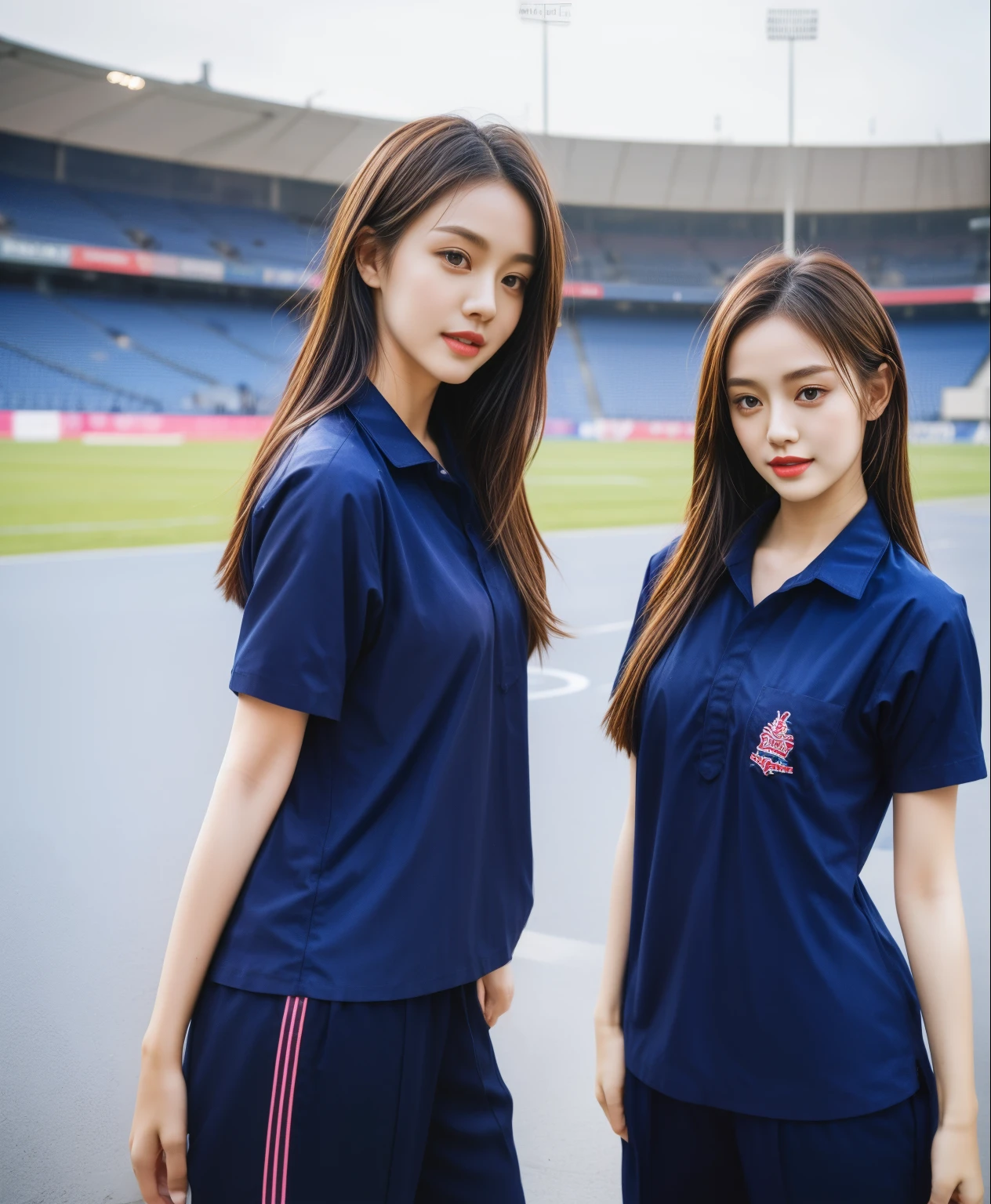(bestquality,10,10,highres,masterpiece:1.2),ultra-detail,(Realistic,photorealistic portrait,photo-realistic:1.37),1 Cute girl in the football field,oily shiny skin,bara,light smile,BDclothes,((blue shirt:1.3)),short sleeves,shirt, trousers.,(navy_long_Pants Track:1.1), ((Stadium Background:1.3)),dynamic angle,excited,face focus,Dynamic Poses,from behide,Ass Focus,masterpiece, bestquality, ultra realistic, hyper-detail, 8k resolution, RAW photo, crisp focus, ((Navy blue shirt:1.1)), short sleeves, Long Path, Perfect body, 2 mature women, 18yo, cinematic light,Blue sweatpants,Gymware,Correct anatomy,Complete body, Correct body, sharp face, Anatomically correct body, full entire body, Realistic gestures, long-haired, Realistic poses,Wear long shorts..........................,Long leg span,Shapely,Sculpting Girl, Slender Figure, mannequin mannequins, Shapely, Beautiful body,Blue sweatpants, Two girls kissing