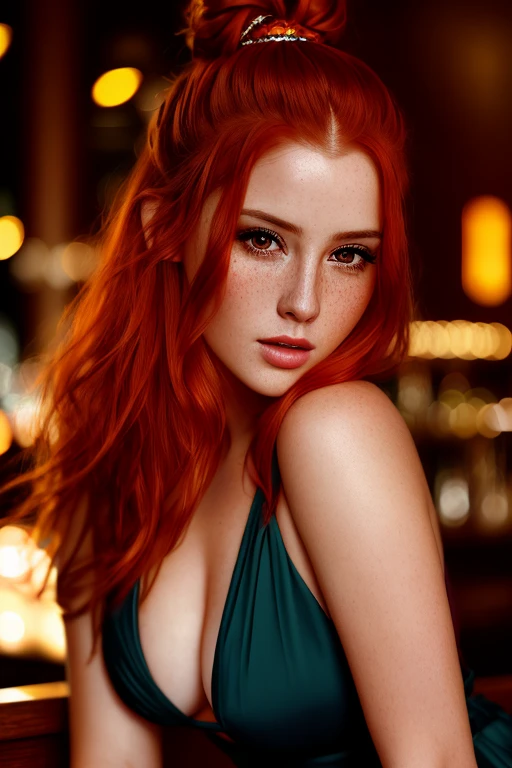 portrait photo of LenkaRegalova beautiful woman, red hair, topknot, nightclub sitting at bar (masterpiece) (best quality) (detailed) (8k) (HDR) (wallpaper) (cinematic lighting) (sharp focus) (intricate)