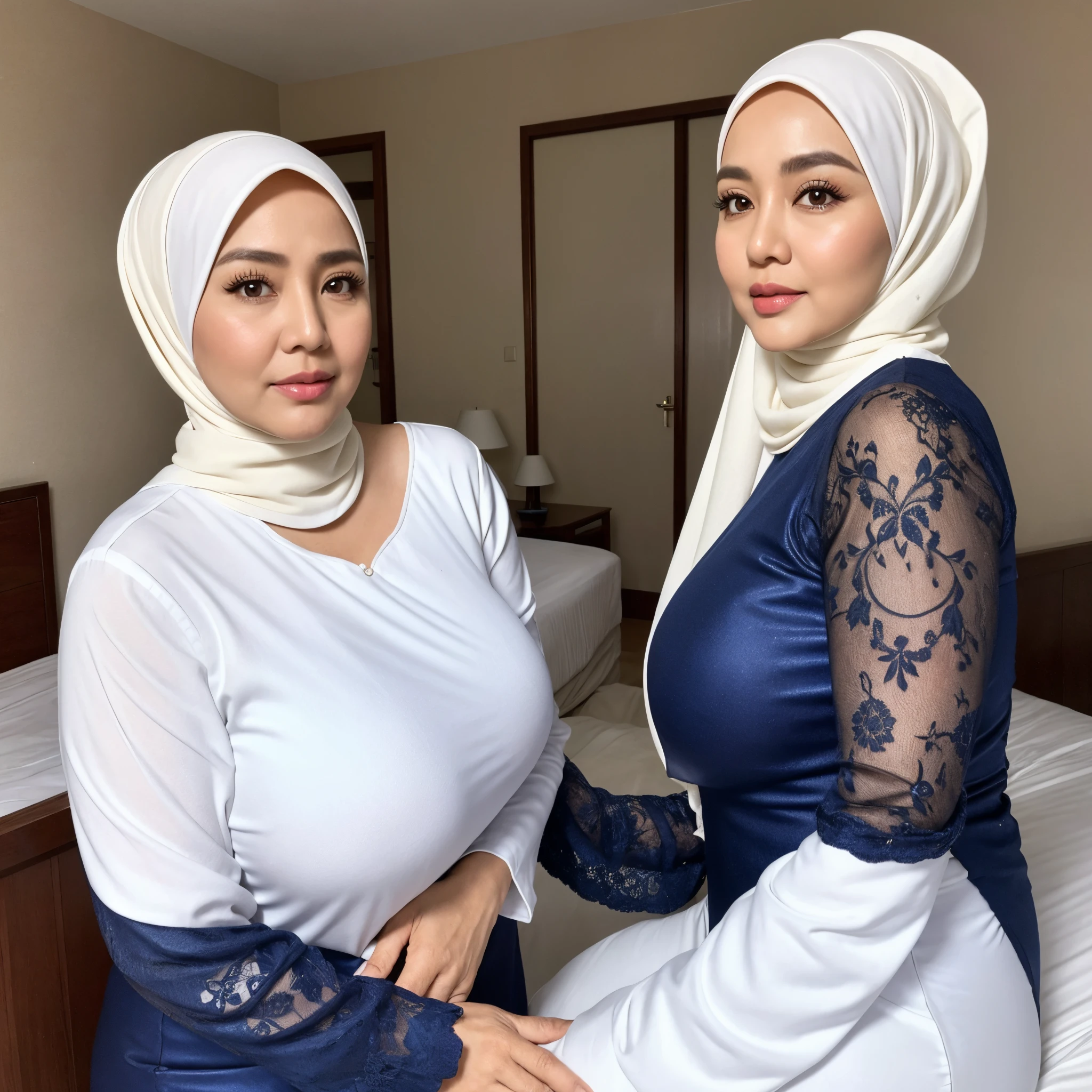 56 years Old, Hijab Indonesian mature woman, Huge Mature Tits : 48.9, Gamis, at Hotel Room, Alluring Face, white skin like porcelain, Curvy body, Daytime, Clean Lines.