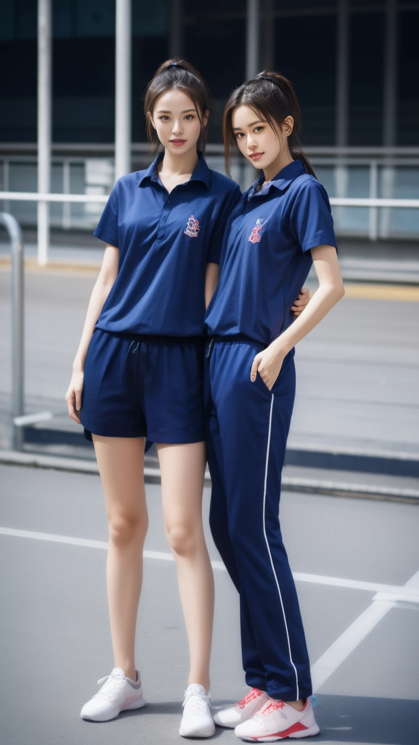 (bestquality,10,10,highres,masterpiece:1.2),ultra-detail,(Realistic,photorealistic portrait,photo-realistic:1.37),1 Cute girl in the football field,oily shiny skin,bara,light smile,BDclothes,((blue shirt:1.3)),short sleeves,shirt, trousers.,(navy_long_Pants Track:1.1), ((Stadium Background:1.3)),dynamic angle,excited,face focus,Dynamic Poses,from behide, Focus,masterpiece, bestquality, ultra realistic, hyper-detail, 8k resolution, RAW photo, crisp focus, ((Navy blue shirt:1.1)), short sleeves, Long Path, Perfect body, 2 matmen, 18yo, cinematic light,Blue sweatpants,Gymware,Correct anatomy,Complete body, Correct body, sharp face, Anatomically correct body, full entire body, Realistic gestures, long-haired, Realistic poses,Wear long shorts.................,Long leg span,Shapely,Sculpting Girl, Slender Figure, mannequin mannequins, Shapely, Beautiful body,Blue sweatpants, Two girls kissing