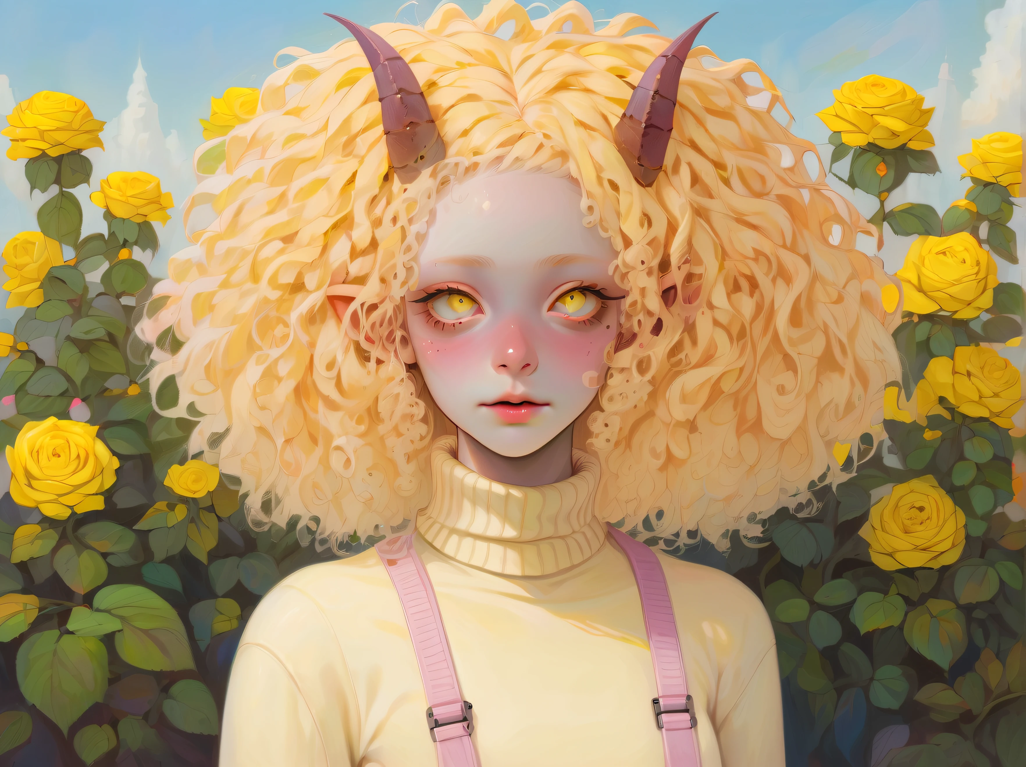 Albino demon girl standing, ((above waist)), shot from far away, (largeeyes, Eyes are delicate and beautiful, Beautiful and delicate face, full body detailing), ( Yellow curly hair:1.3) , Through the purple rose bushes and the blue sky beyond, Pink turtleneck sweater with tulle skirt, Braces, chewing gum , winking ,(long and complex horns:1.2)