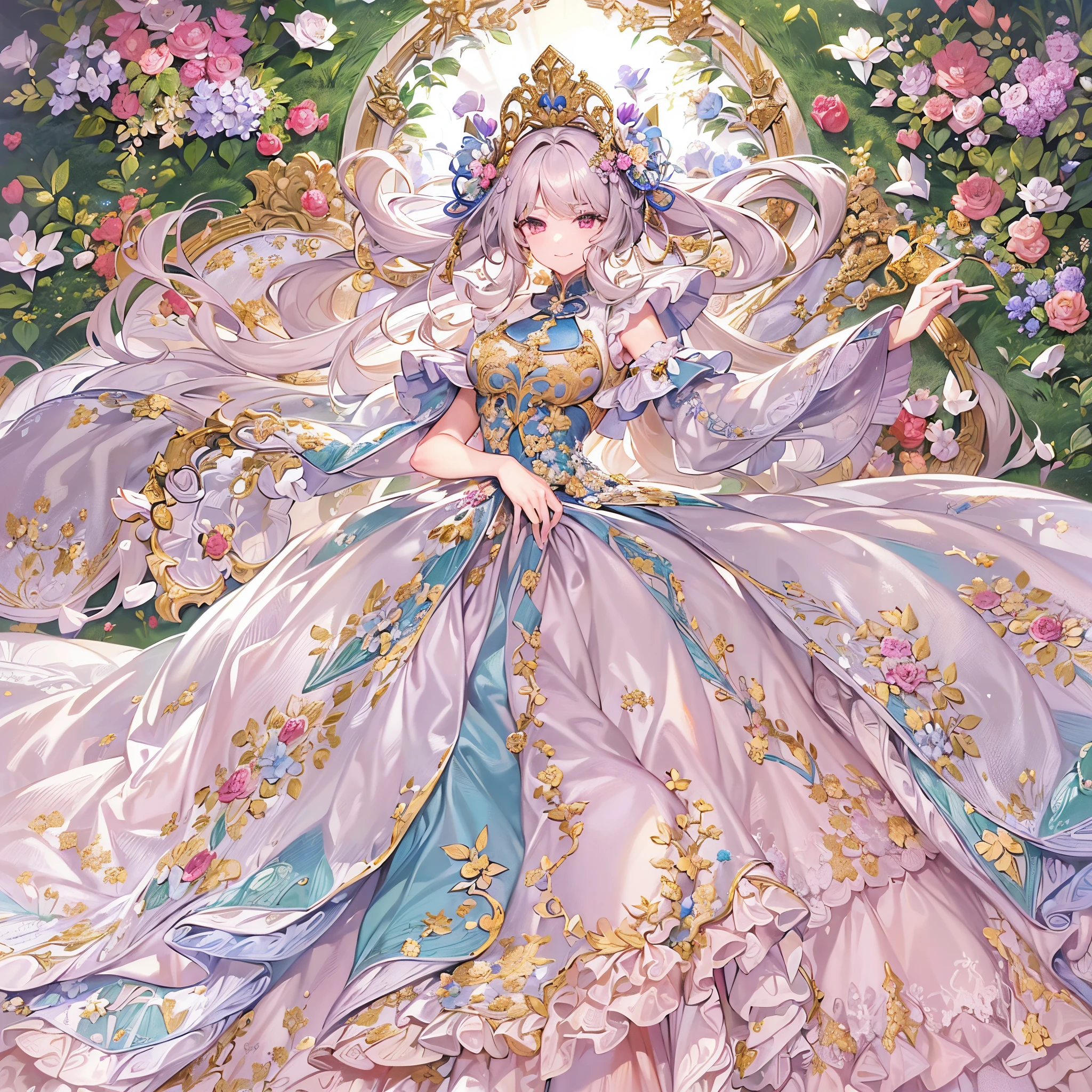 ((Finest quality)),(超A high resolution),(ultra-detailliert),(Meticulous portrayal),((Best Anime)),(Finest works of art),(Ultra-Precision Art),(The art of astounding depiction,Overwhelming depiction:1.5),(intricate and detailed art), (femele:1.5),(upper class aristocracy:1.5),(Luxury dress with intricate embroidery:1.5),((Curtsey:1.8)),Look at me and smile:1.5,Curtsey:1.5