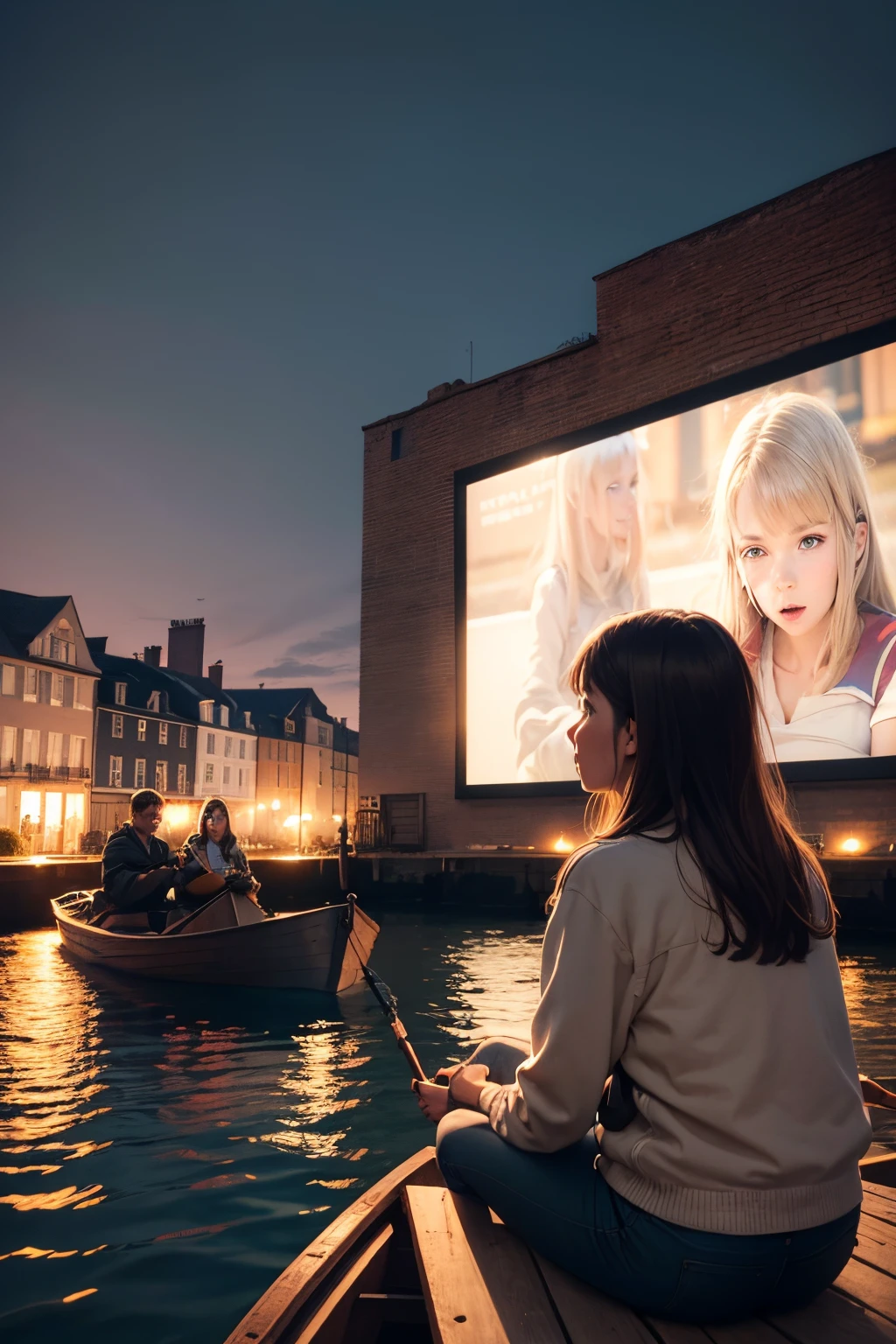 A group of young people watching a movie on a rowing boat，Movie content is projected on the wall by the river