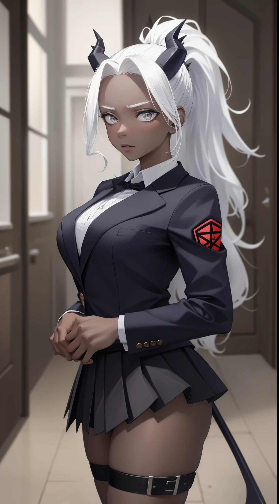 masterpiece, best quality, absurdres, perfect antomy, 1girl, solo, Judgement, colored skin, horns, tail, long hair, ponytail, large breasts, indoors, standing, school uniform, blazer, pleated skirt