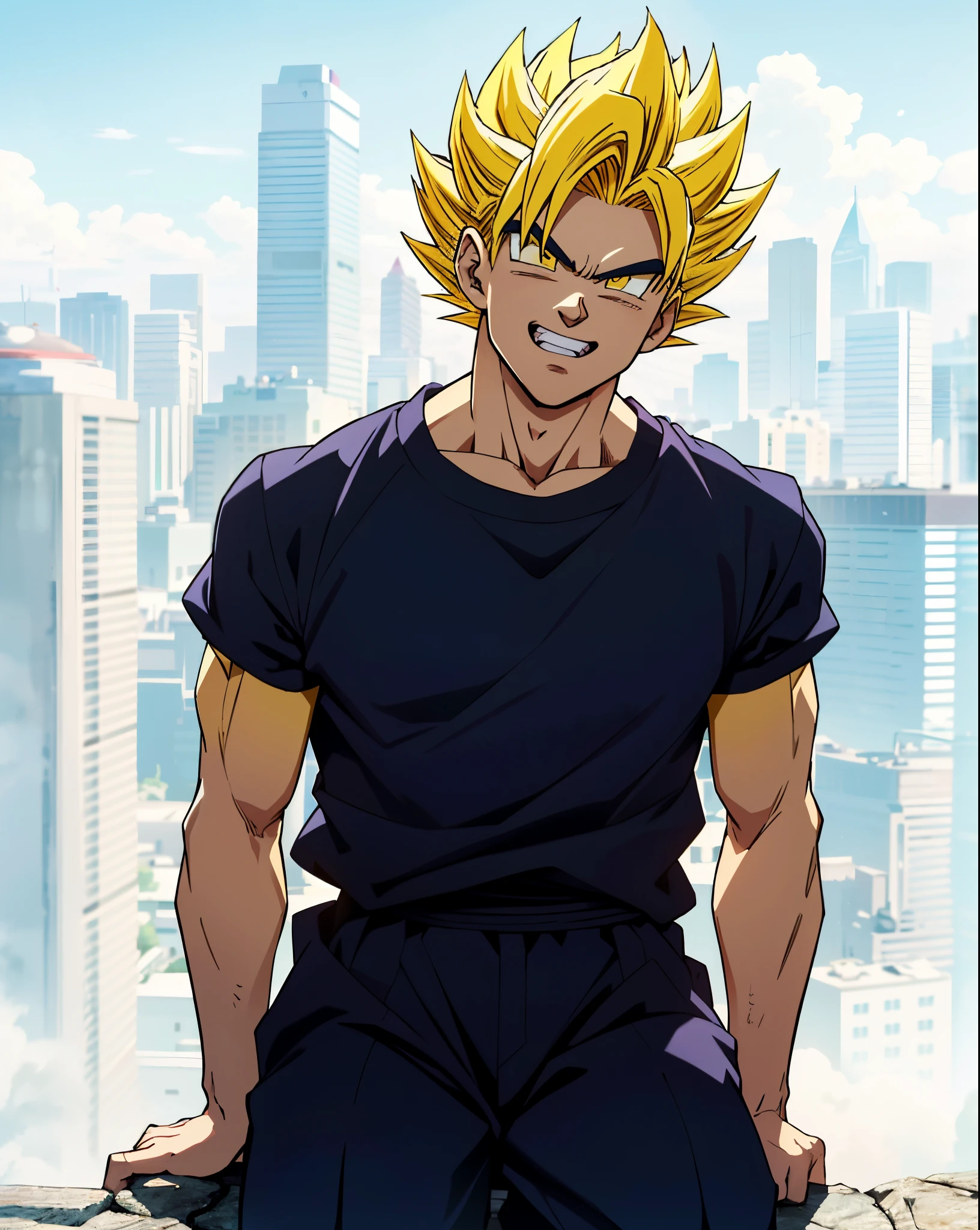 arafed man sitting on a ledge with a city in the background, super saiyan,(blond hair:1.5), ((yellow hair:1.5)),super saiyan goku, super sayan, super sayian goku, super saiyan 3, going super saiyan, dragon ball concept art, dragon ball artstyle, 4 k manga wallpaper, goku from dragon ball, an epic anime of a energy man, 4k anime wallpaper,smile,