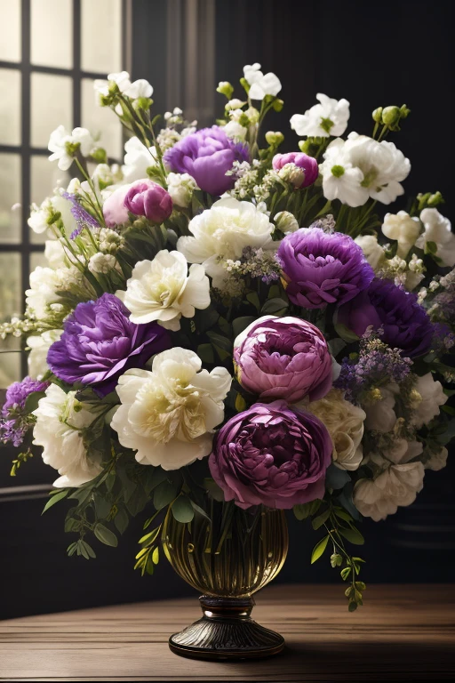 Bouquet of flowers close up , stands in a vase on the table..,  Irises, Peonies, victorian style, ((style Johan Lorenz Jensen)) , Anna Cotterill, Bennett Oates ,Cecil Kennedy, Dutch painting, soft light, Darkened background,lush bouquet , floral still life,Perfect composition, Beautiful detailed, an intricate, Insanely detailed octane rendering, Trending on ArtStation, Fine art photography 8 K, photorealistic concept art, soft natural volumetric cinematic perfect light, chiaroscuro, tmasterpiece, canvas, Butter,