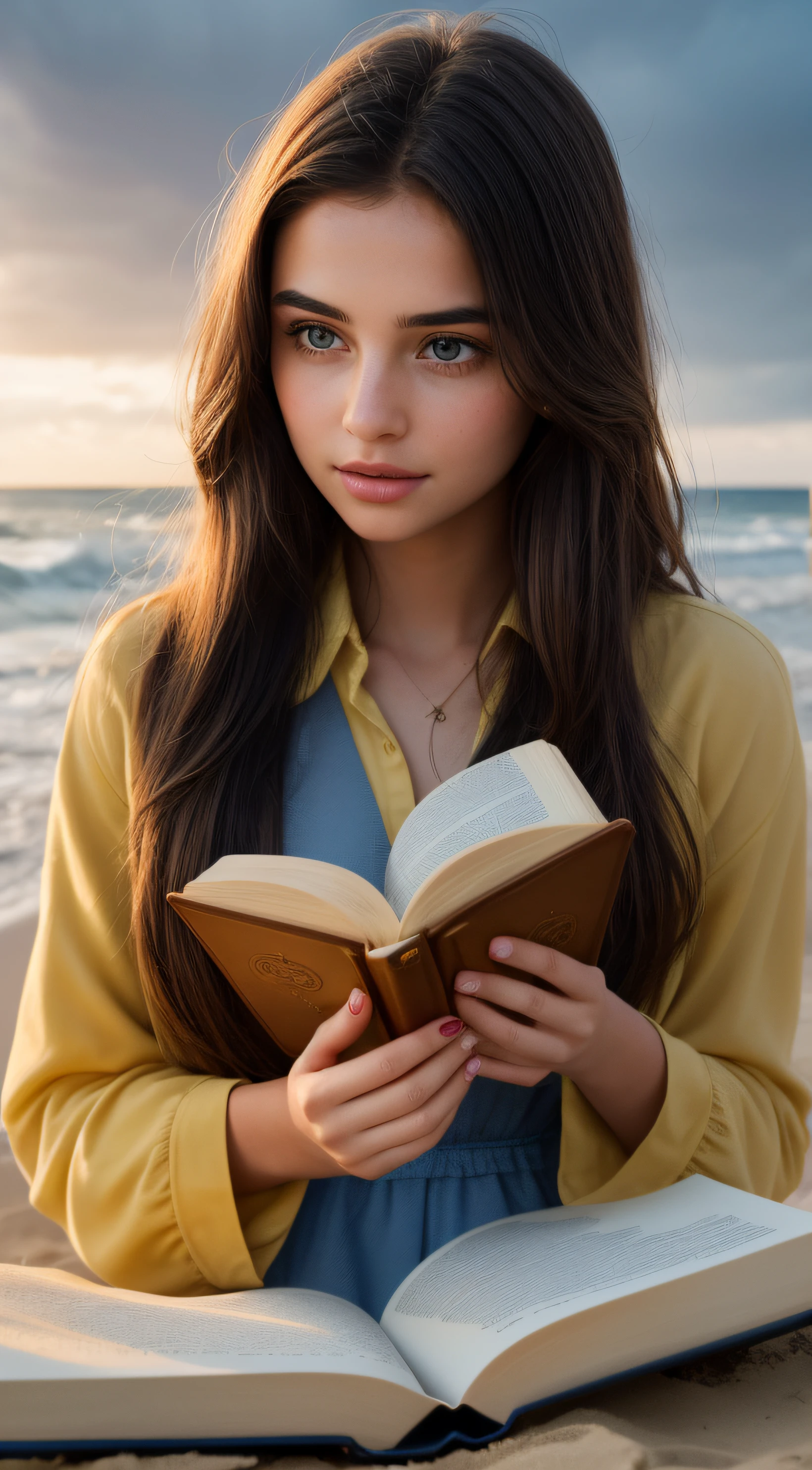 masterpiece of art beauty beautiful girl, realistic girl with long dark hair kneels on yellow sand in a short skirt ,Brown eyes ,detailes eyes,holds an open book in front of him, and looks at the book, her eyes are focused and open,high skin detail, magic book in antique binding, and a magical glow emanates from the book and magical sparks fly from the book, her face is very surprised and illuminated by the light of the book, her hair flutters from the strong wind and lightning behind her, It's getting dark on the beach, The girl is in focus, High Quality Detail, 8k resolution image, soft light, mega realistic painting,f/36 mm