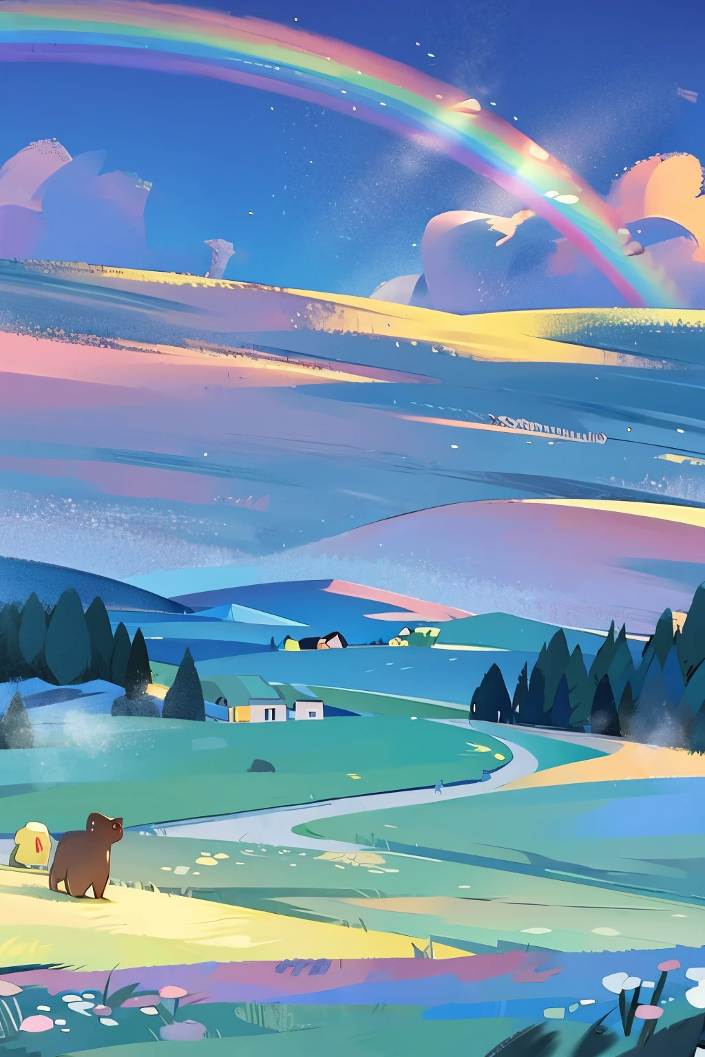 eine Katze, Rainbow Garden in the Sky, grass field, , Far Mountain.