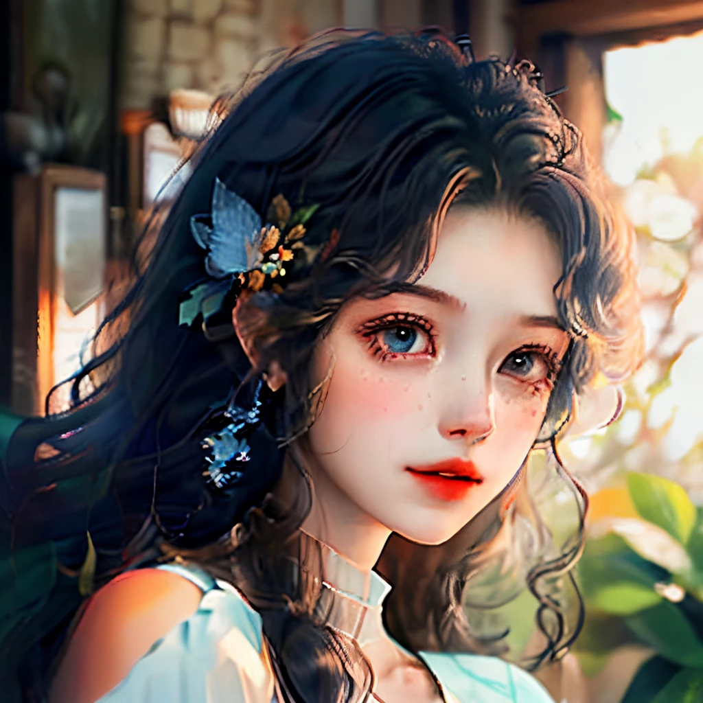 Girl long hair curly hair outside of hair is black hair inside of hair is light blue