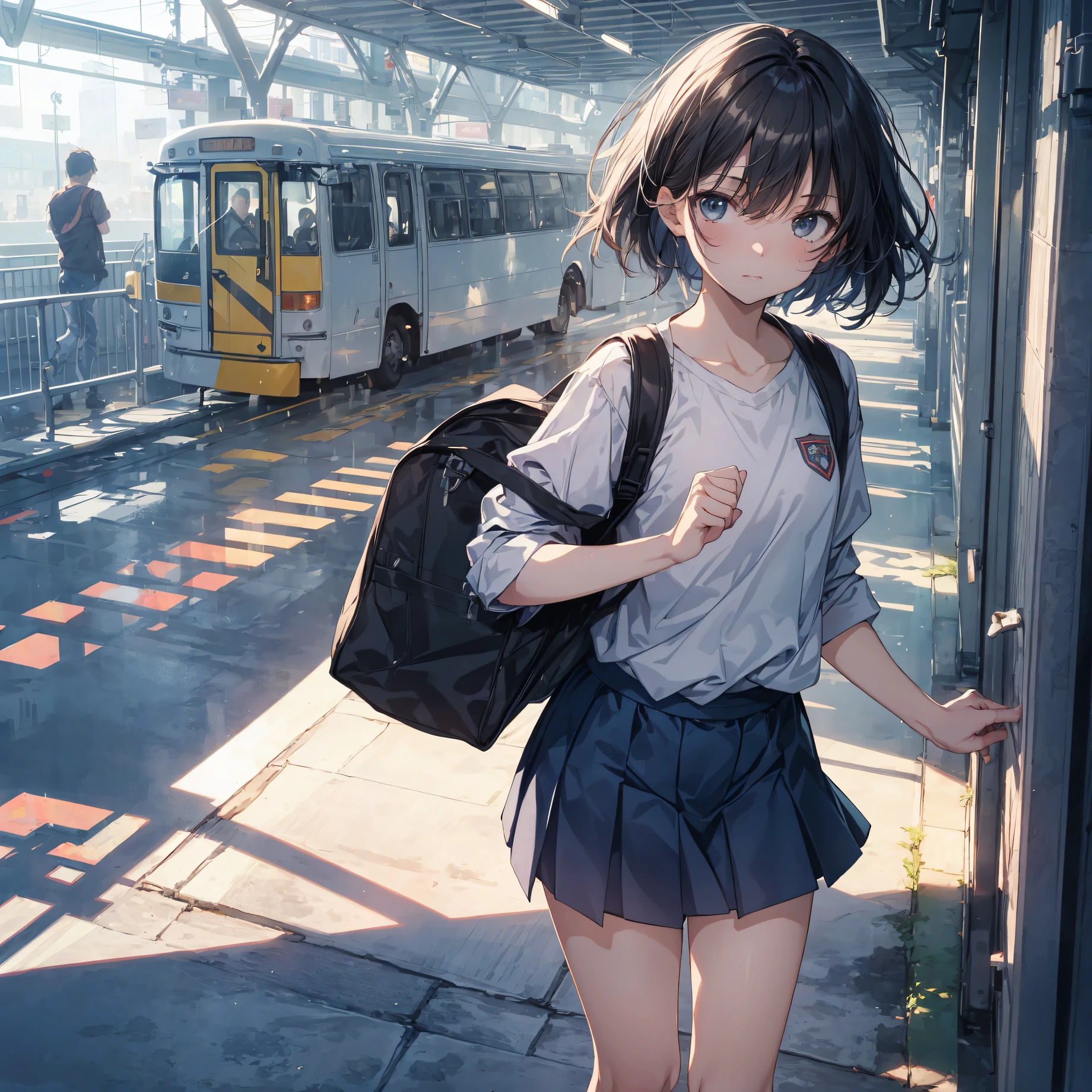 divine quality, anime moe art style,Best Anime 8K Konachan Wallpapers,pixiv grand prize,Badass Anime 8K,Perfect ???????, (Draw a girl sleepily walking to school. ),BREAK, 1girl in, (Solo,Lori,child,13years:1.3),a junior high school student, Androgynous attraction, (Very short hair),hair messy, Full limbs, complete fingers,flat ?????, Small ????, groin, Small eyes,Precise black eyes,disgusted eye, School uniform, On the way to school. BREAK,Ultra-detailed,High resolution,super detailed skin, Professional Lighting,8k eye details, (cool illustration:1.2),