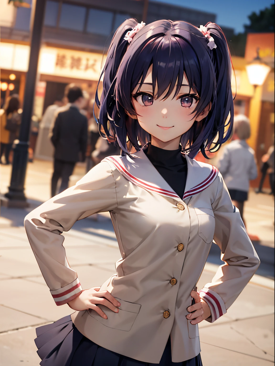 top-quality、animesque、 [3D images:1.15],hight resolution、Kotomi Ichinose, Kawaii Girl、Twin-tailed、A smile、Park background、A cute girl no matter who looks、Hands on the hips、absolute reference to center、fluffy hair、a closed mouth、accurate hands