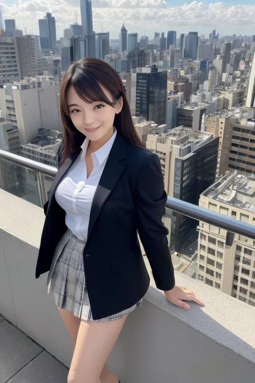 masutepiece, Best Quality, hight resolution,Detailed face,1girl in, Japanese,large full breasts,Smile,(Simple business suit,Jacket,pencil skirts:1.1),high-heels,tokyo prefecture, On the rooftop, Overlooking, bustling city, urban jungle, Skyscrapers, a panoramic view, Sunset, sky line,Windy,(:1.5),Office,Open mouth,from the rear,Spread legs,Windy,Wide eyes with accurate depiction,Distinct eyes,