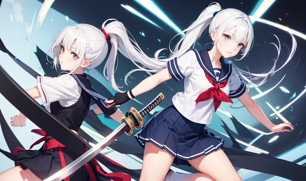 Girl wear Sailor high school uniform navy skirt white hair with single ponytail with katana Sword