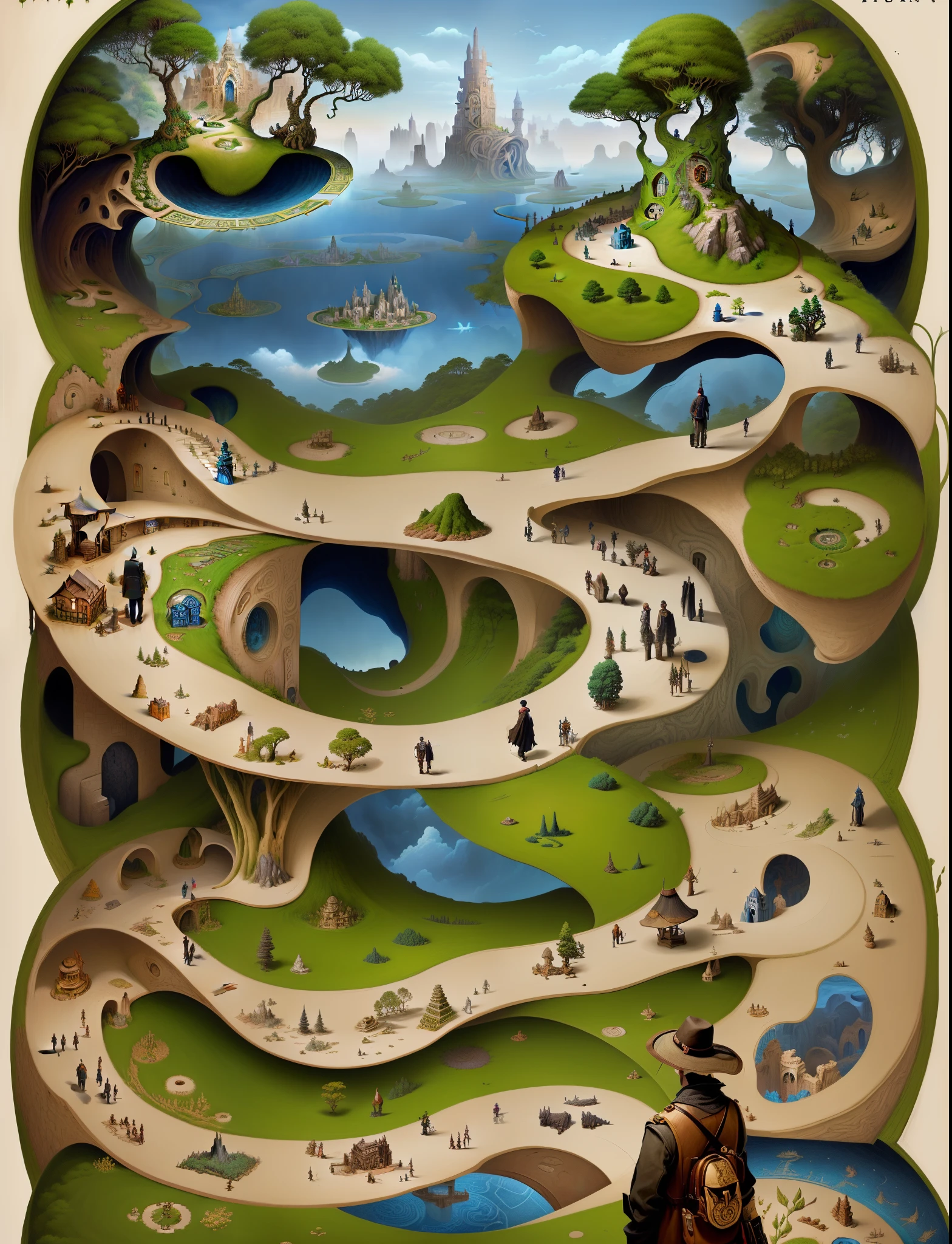 A picture of a man standing in front of a maze, inspired by Jacek Yerka, whimsical fantasy landscape art, an isometric fantasy map, Life's journey, Incredible screenshots, Surreal + Highly detailed, magically shaped surrealism, Serpentine Labyrinth, featured art, surreal illustration, Introspective meandering, Game Illustration, whimsical art, detailed fantasy illustration