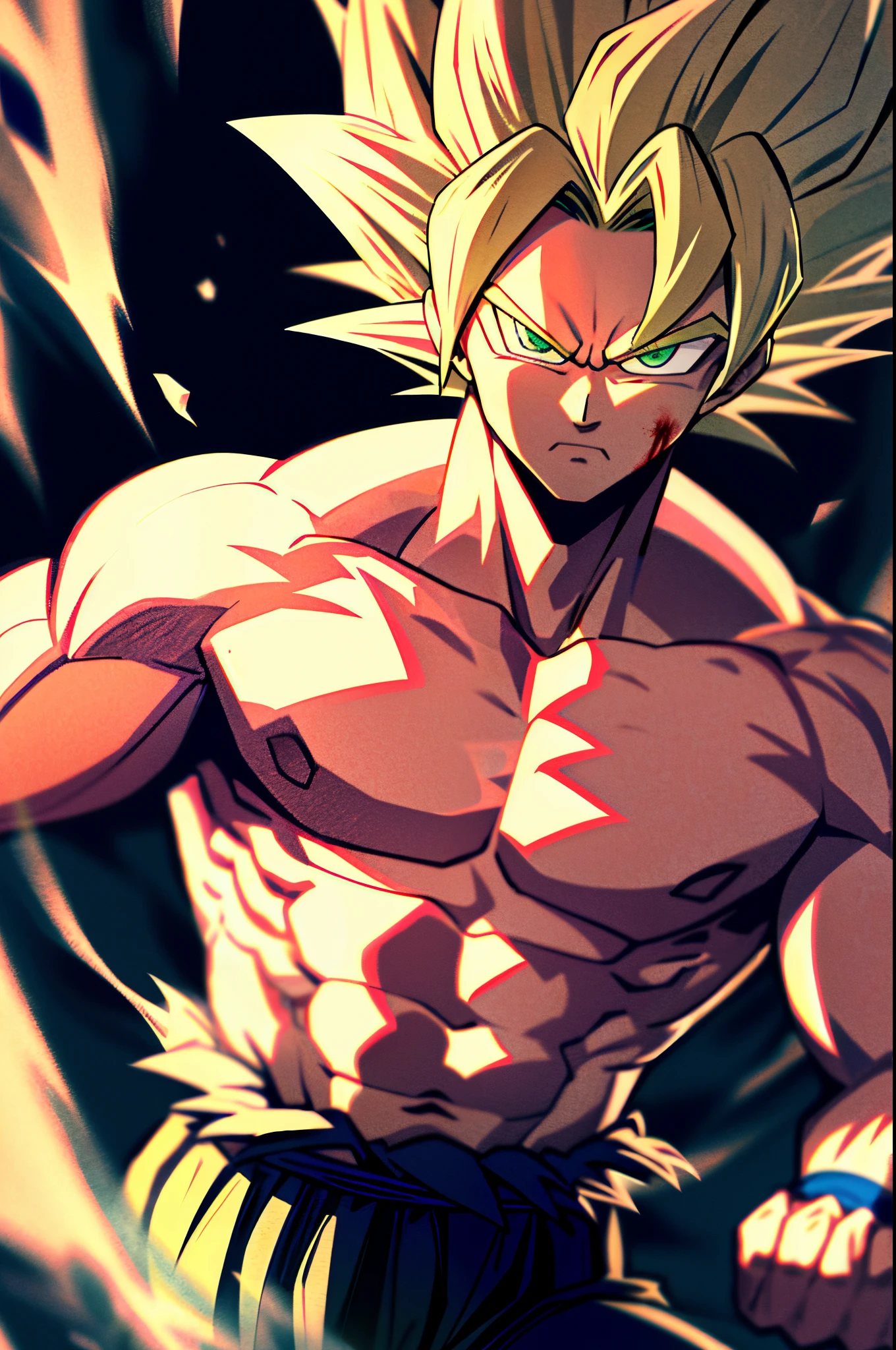 son goku, 1boy, artist name, biceps, blonde hair, blood, blood from mouth, blue sash, blue wristband, clenched hands, closed mouth, collarbone, dougi, electricity, energy, floating rock, frown, green eyes, looking at viewer, male focus, muscular, muscular male, pectorals, ribs, rock, sash, scratches, serious, solo, spiked hair, super saiyan, super saiyan 1, topless male, torn clothes, v-shaped eyebrows, wristband, ((masterpiece))