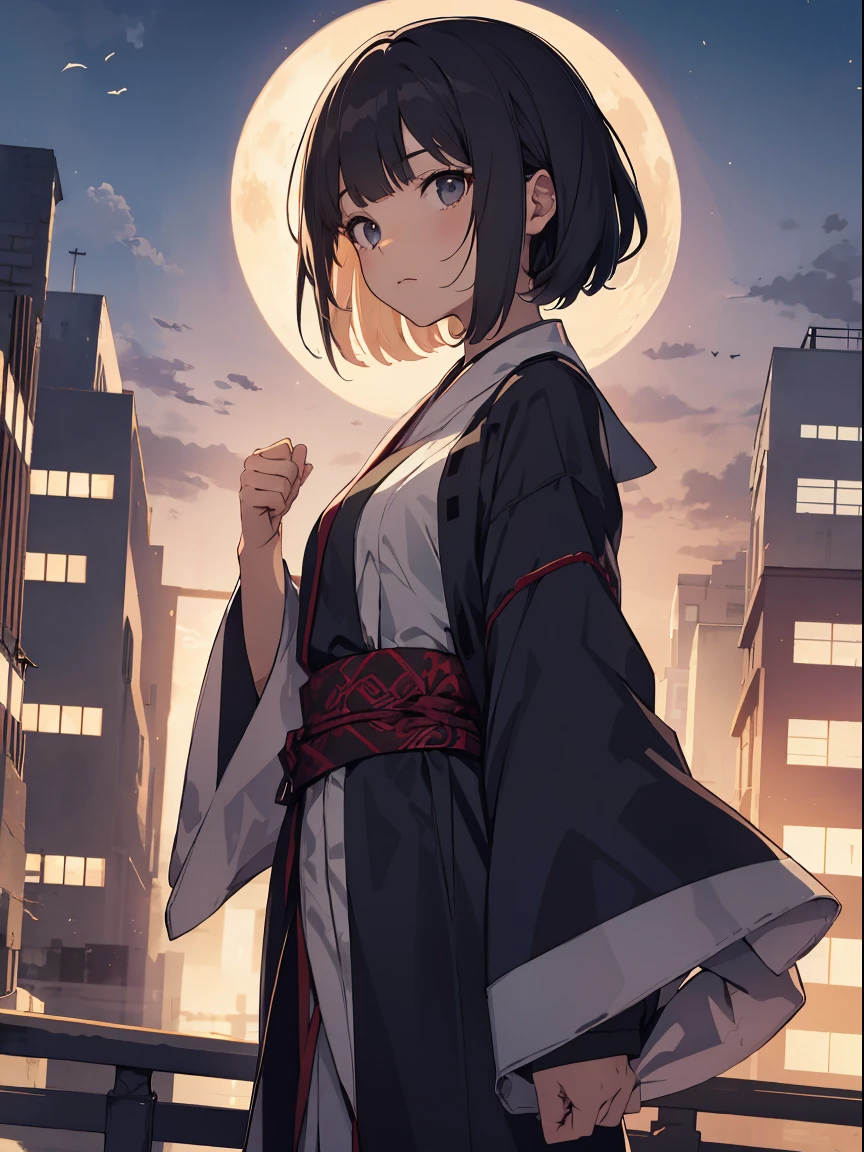 What is a ninja?、... It's cool and... quick.！The era is Edo...。divine quality,  anime moe art style,pixiv grand prize,Best Anime 8K Konachan Wallpapers,Badass Anime 8K,Perfect Anatomy, (Please draw a picture of a ninja girl looking down on the city of Edo from the roof of her house..)From diagonally above,Dutch Angle,BREAK, 1 The girl is a ninja, (Solo,Lori,child,12year old:1.3), Androgynous attraction, (Very short hair, Blunt bangs), Full limbs, complete fingers,flat chest, Small butt, groin, Finely detailed 8K beautiful black eyes, 
Ninja costume, sash, Shorts, Ninja scarf fluttering in the wind, Stand on the roof of the house. BREAK, i have a mission.。Sasasasa...。Ultra-detailed,High resolution,super detailed skin, Professional Lighting, (cool illustration:1.2),