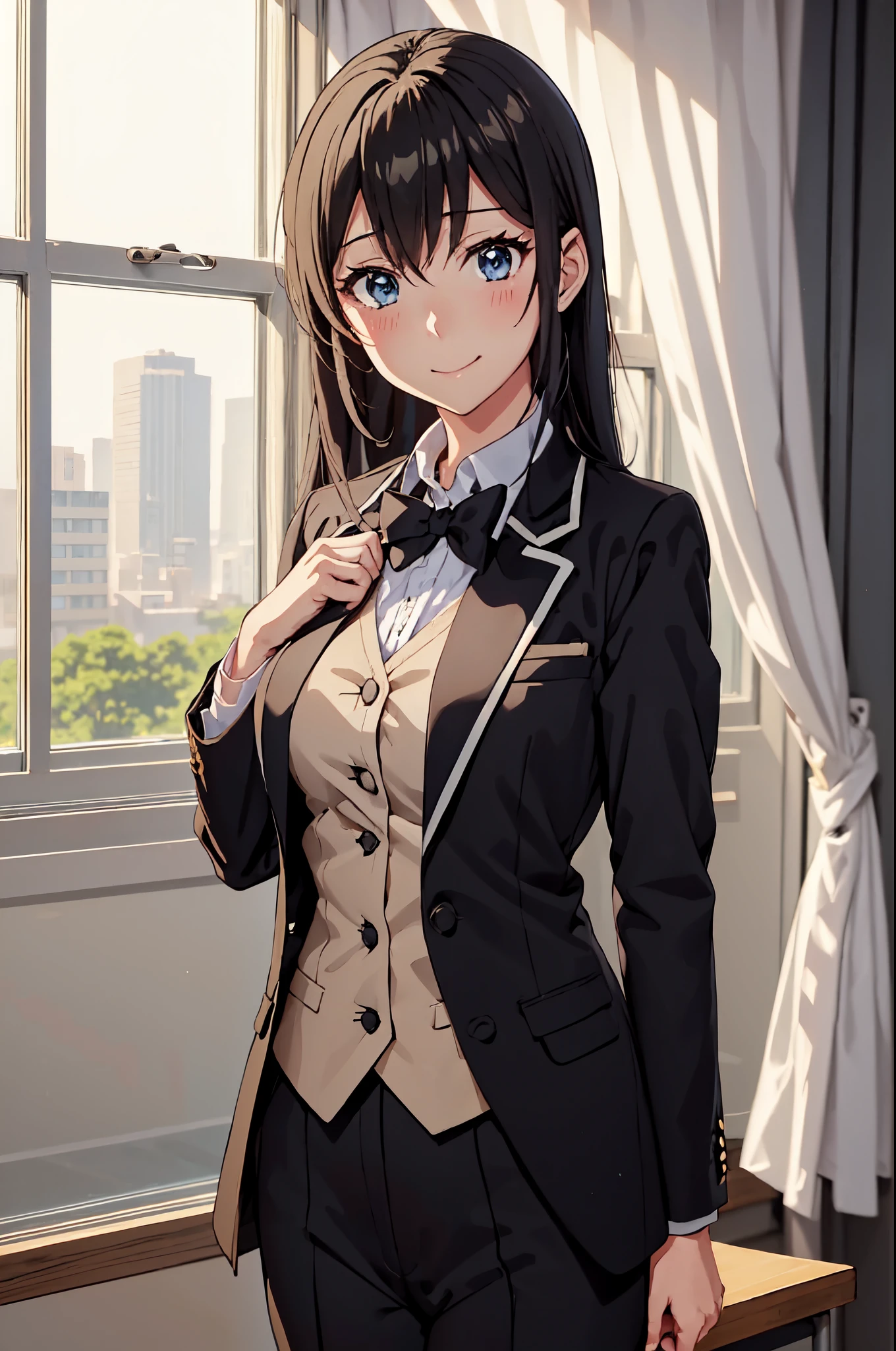 Illustration of a girl, yukinoshita yukino, 1girl, ((Anime)) 8k, colerfull, wearing a tuxedo tailcoat, pants, seelk suit, classroom background detailed quality,