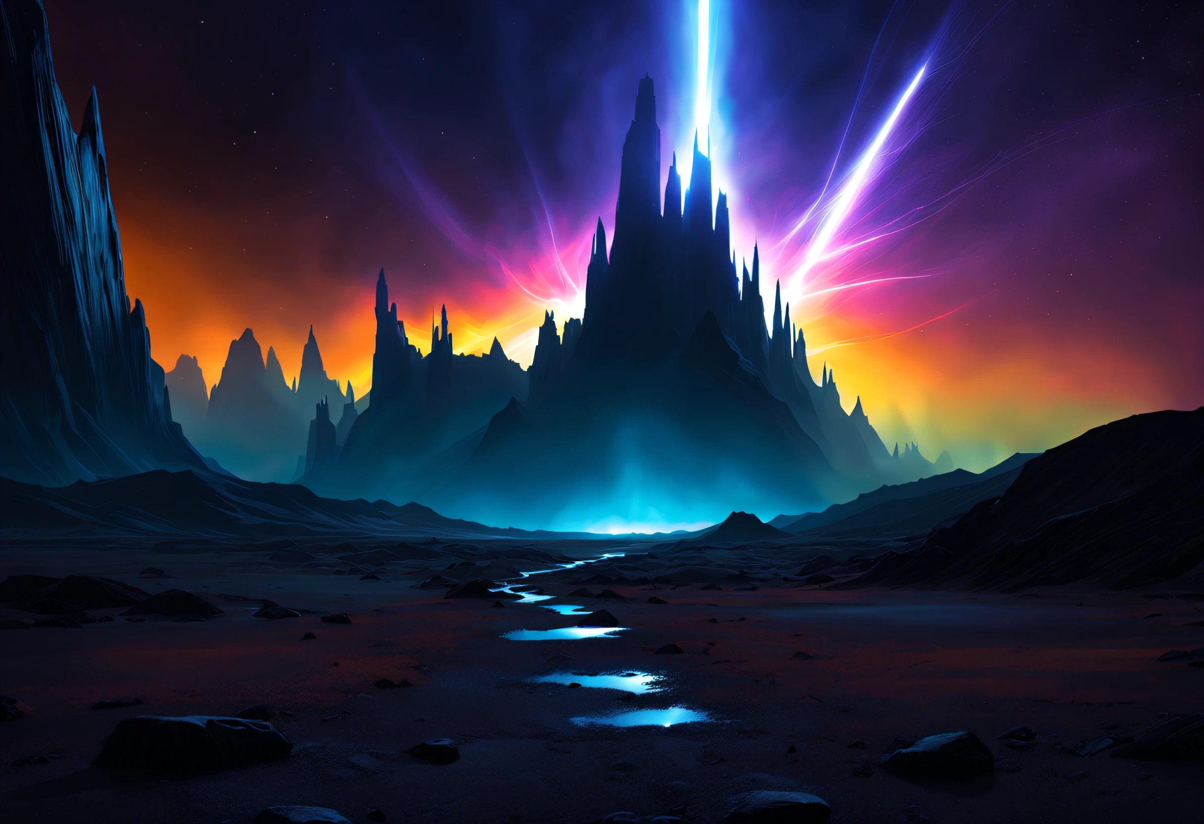 Black light art ,with black background,wastelands, sci fi art, Christopher Balaskas