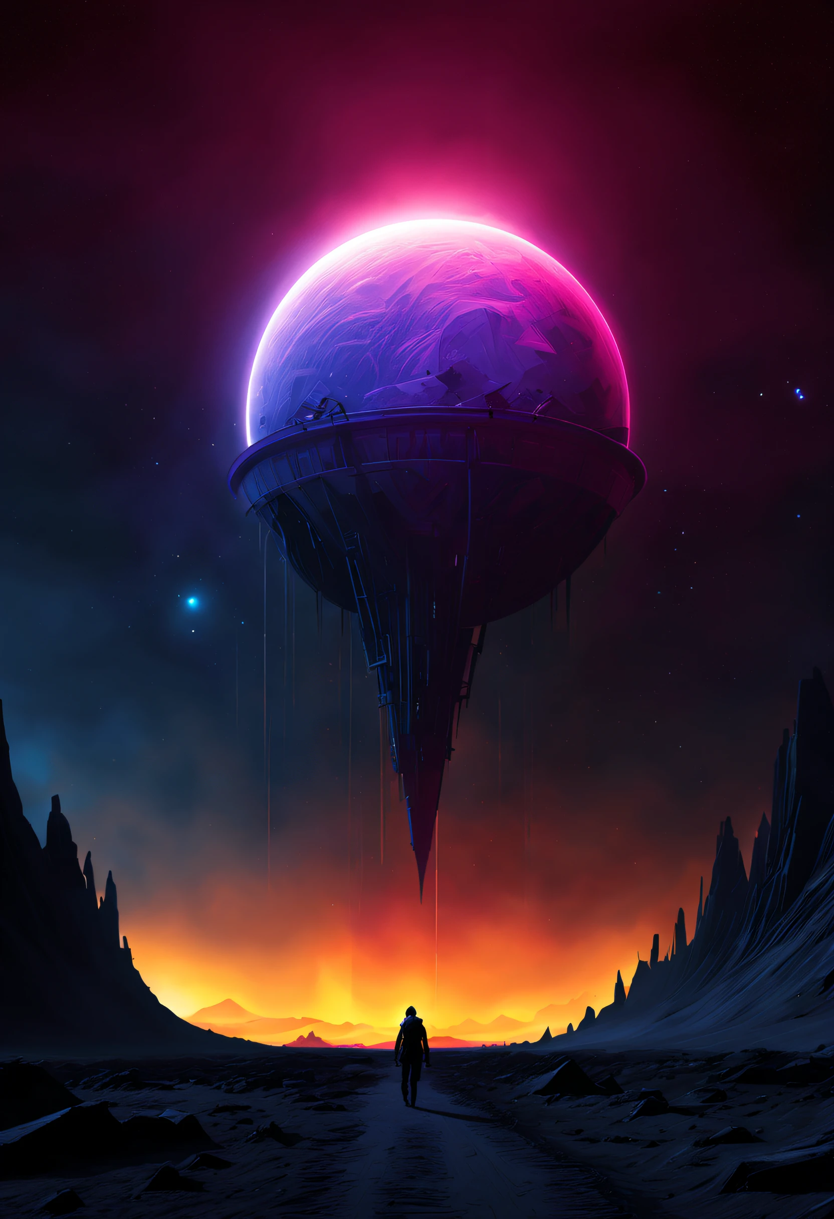 Black light art ，with black background，wastelands, sci fi art, Christopher Balaskas