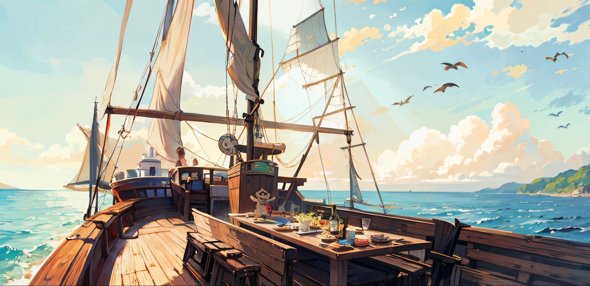pirate ships, Local, the detail, day, Scavenging, at noon, ((and the sun was shining brightly)), at noon, bow detail, Boat,vessels, the ocean, Boat, cloud, ((blue-sky)), Boat, scenecy, Outdoor sports, That bird, Eau, horizon, without humans, swell sea, suns