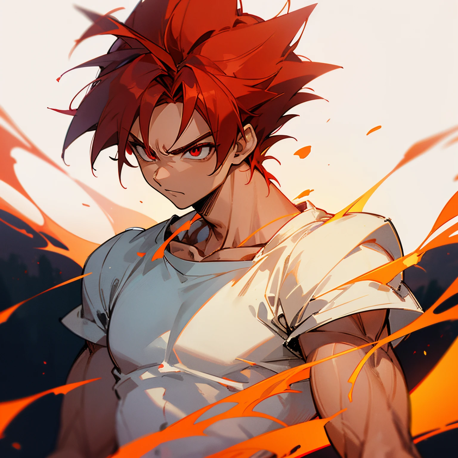 A young boy male super saiyan god, white damaged t-shirt, epic, fantasy, lean body, glowing eyes, anime style, shoulders up picture, night background, close up on face, slim tiny thin body, red hair, red eyes, NOT muscular body, fire aura