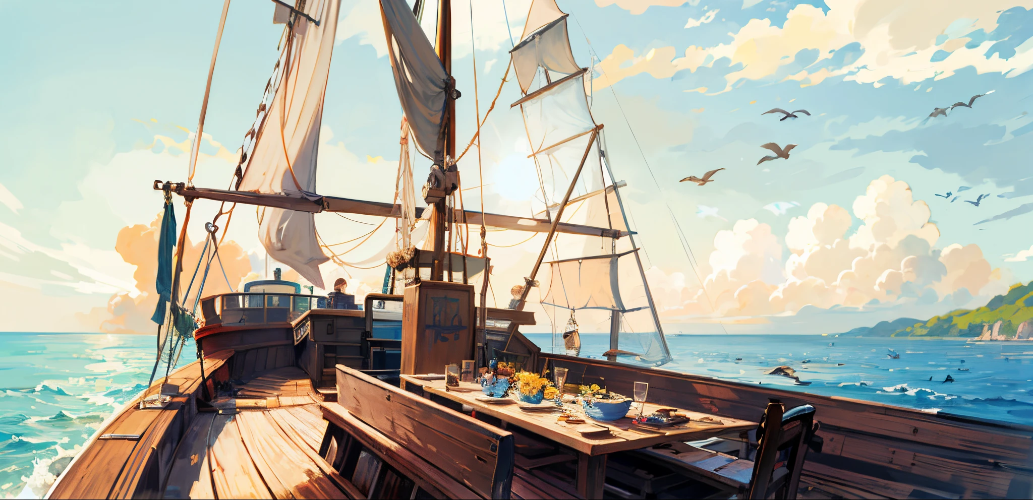pirate ships, Local, the detail, day, Scavenging, at noon, ((and the sun was shining brightly)), at noon, bow detail, Boat,vessels, the ocean, Boat, cloud, ((blue-sky)), Boat, scenecy, Outdoor sports, That bird, Eau, horizon, without humans,  swell sea, suns