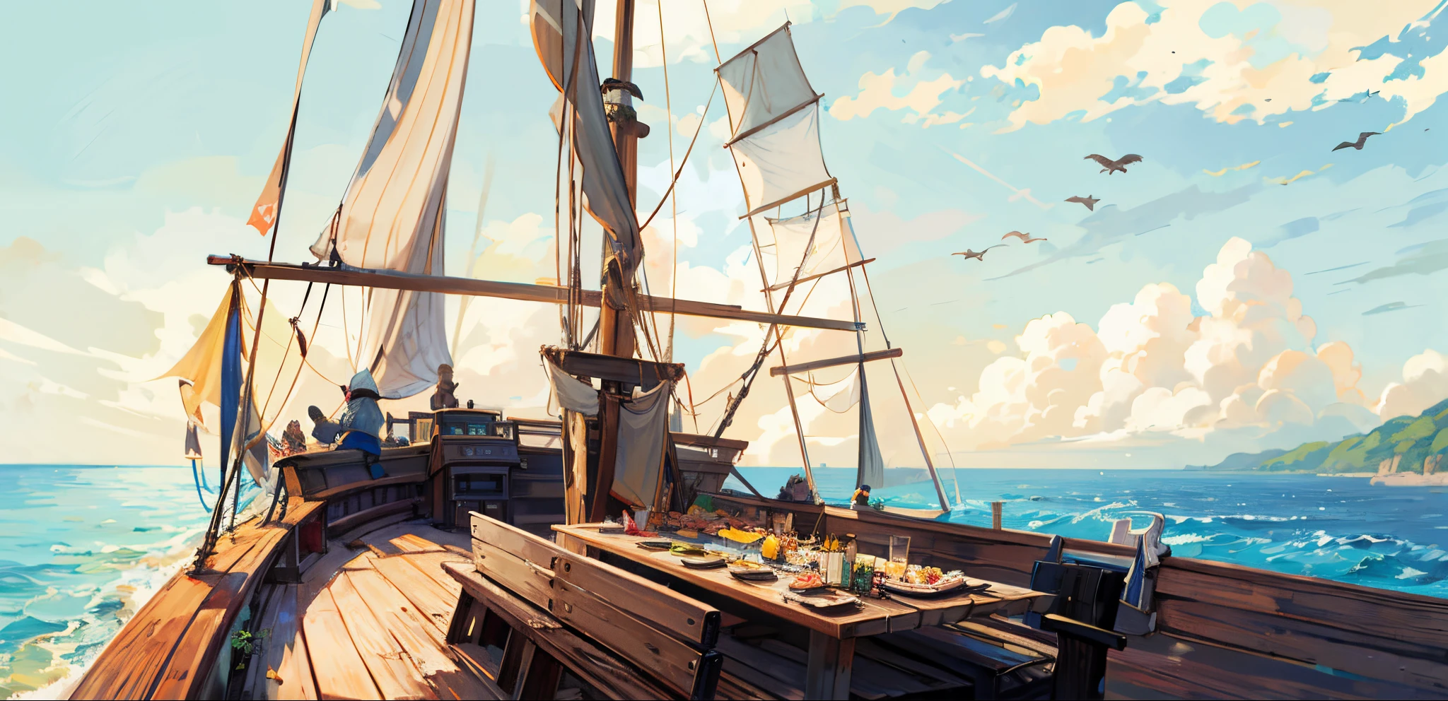 pirate ships, Local, the detail, daysies, Scavenging, mid day, ((and the sun was shining brightly)), mid day, bow detail, das boot,vessels, the ocean, das boot, clouds, ((blue-sky)), das boot, scenecy, Outdoor sports, That bird, Eau, horizon, without humans, Raging sea, suns