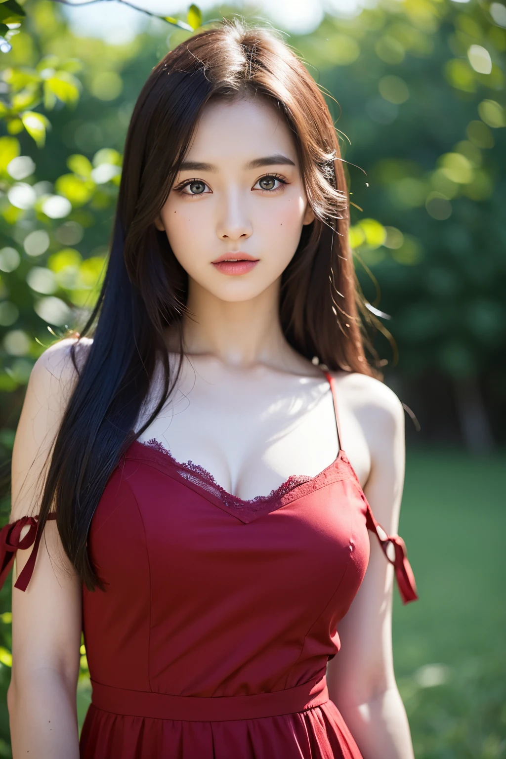 ultra realistic imageRussian girl,beautiful face,detailed eyes,detailed lips,red dress,standing alone,ultra-detailed,ultra-realistic,8k,portrait,studio lighting,vivid colors,soft lighting,sharp focus,rich texture,lush colors, field background with crops,standing at a distnace form camera, bown messy rolled hair,looking at camera, light sunlight on face