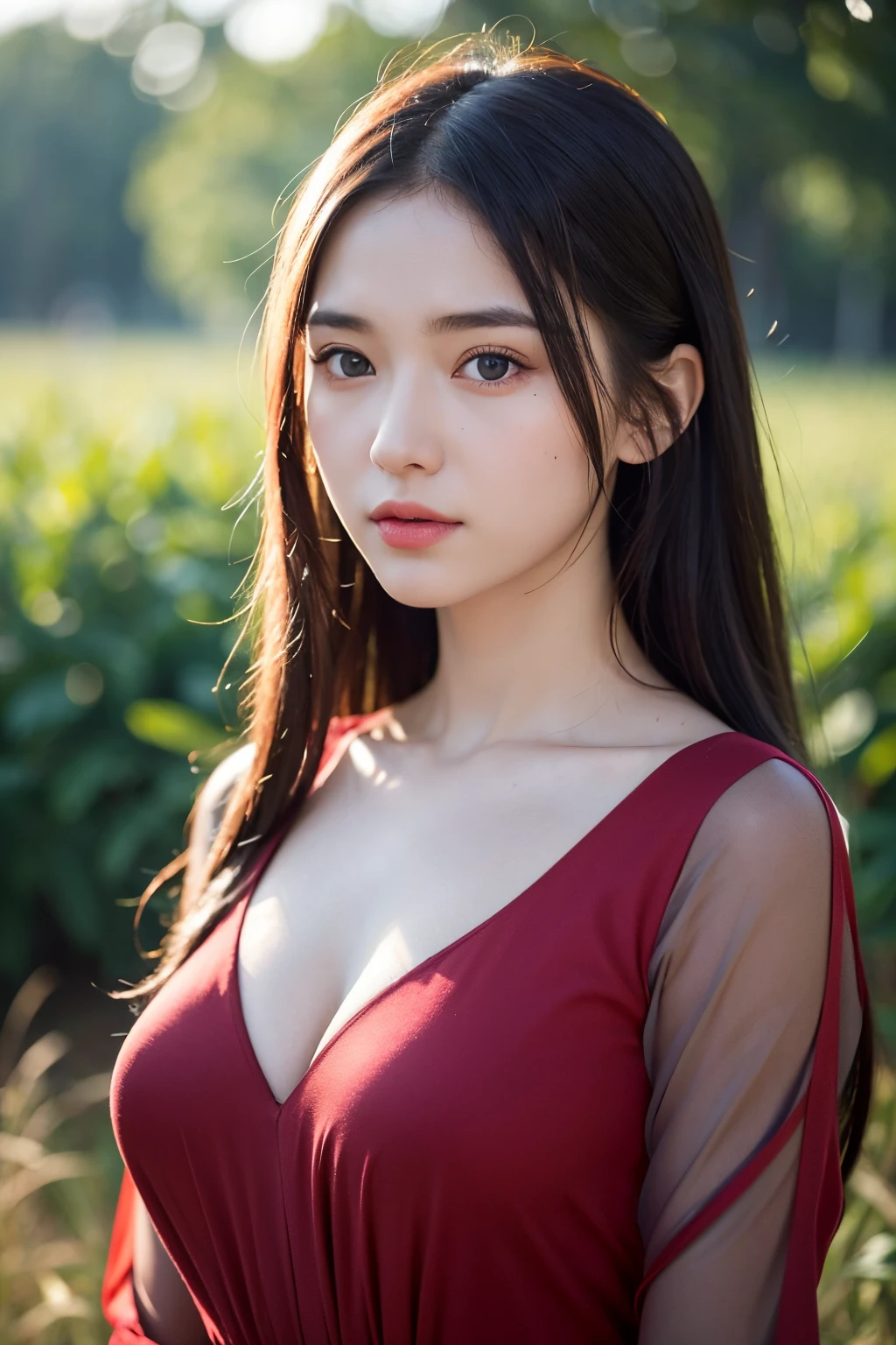 ultra realistic imageRussian girl,beautiful face,detailed eyes,detailed lips,red dress,standing alone,ultra-detailed,ultra-realistic,8k,portrait,studio lighting,vivid colors,soft lighting,sharp focus,rich texture,lush colors, field background with crops,standing at a distnace form camera, bown messy rolled hair,looking at camera, light sunlight on face
