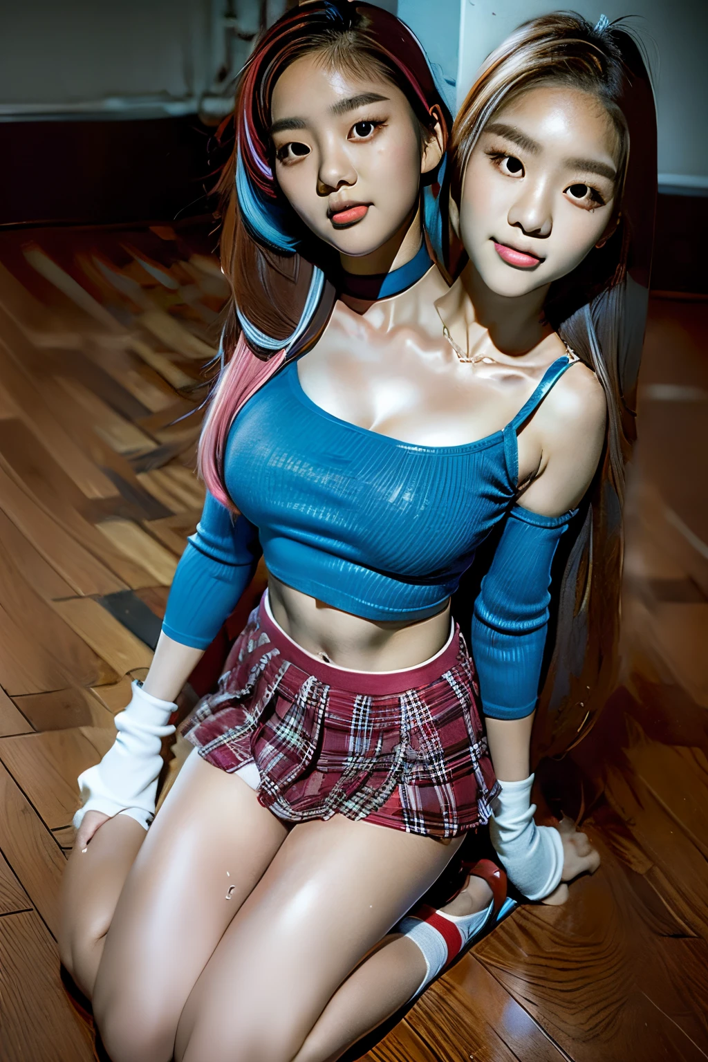 (Two Heads), very young attractive korean teenage girl in a blue tube-top and pink mini-skirt, teen, young girl, clear face, perfect eyes, leg and hip shot, heads close together, teal skirt, brownhair, different-coloured hair, extremely long hair, hair reaching the floor, perfect anatomy, heads spaced close together on chest, sport magazine, cheerleader uniform, sexy face, sexy face with full makeup, detailed flawless face, conjoined