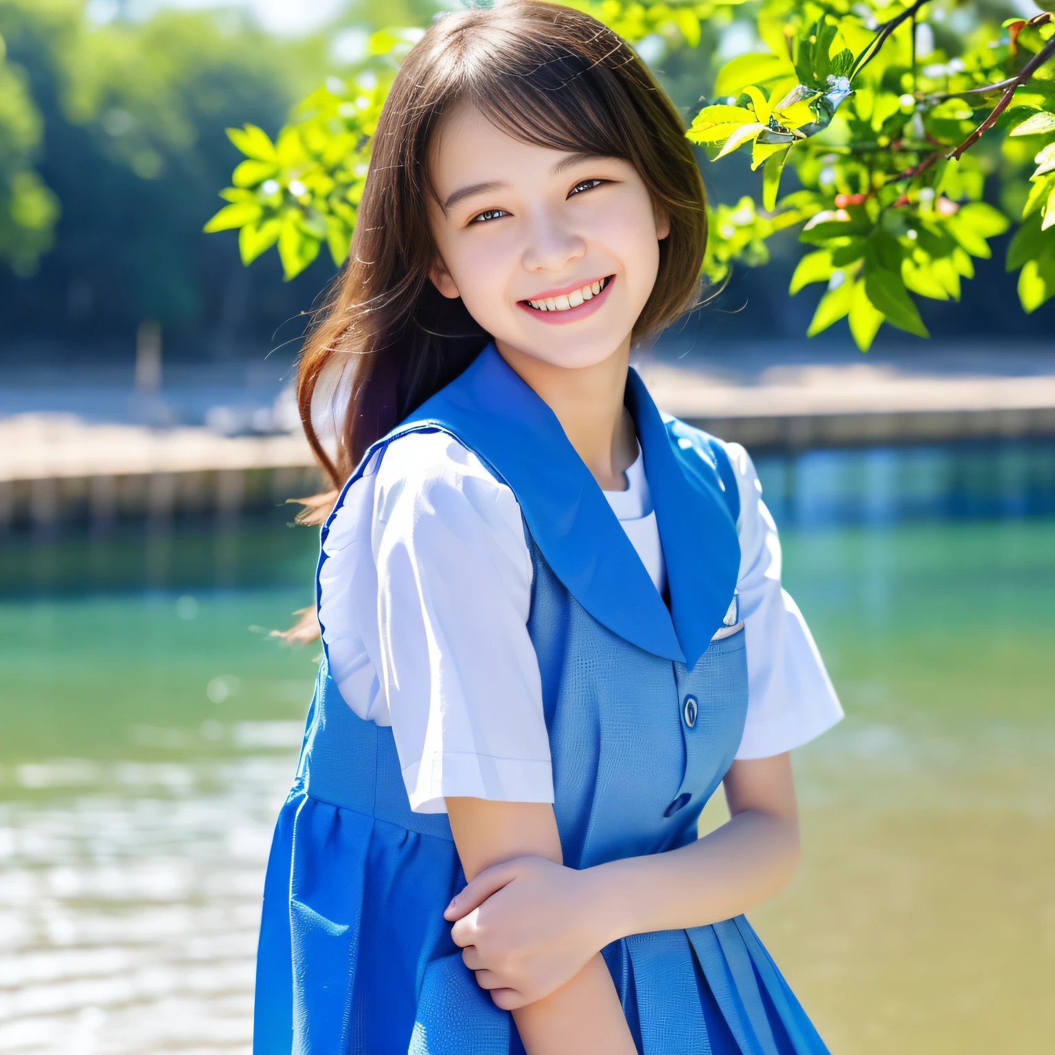 (top-quality、masterpiece:1.2)、Best Quality、realisitic、photoshot、hight resolution、1080p、8K、Textured skin、Physical Rendering、One Junior High School Girl、A smile、Particles of light、夏天、a river、the woods、blue-sky、