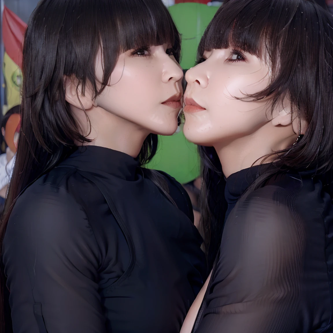 Raw photo、2girls,Two women looking at each other and having a deep kiss while hugging each other、((((Gigantic Breasts))))、Full body like、The same face、Long black hair,chiquita、(orgasm face:1.4)、Crowd Circle View、same person