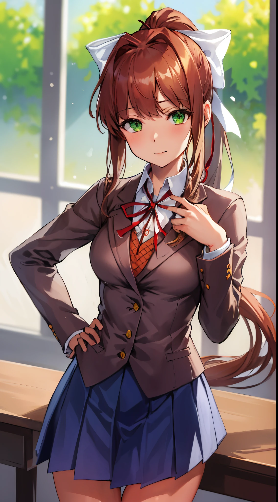 masterpiece, best quality, anime, highly detailed, 1girl, solo, school uniform, standing, classroom, monika, green eyes, brown hair, very long hair, ponytail, hair ribbon, white ribbon,