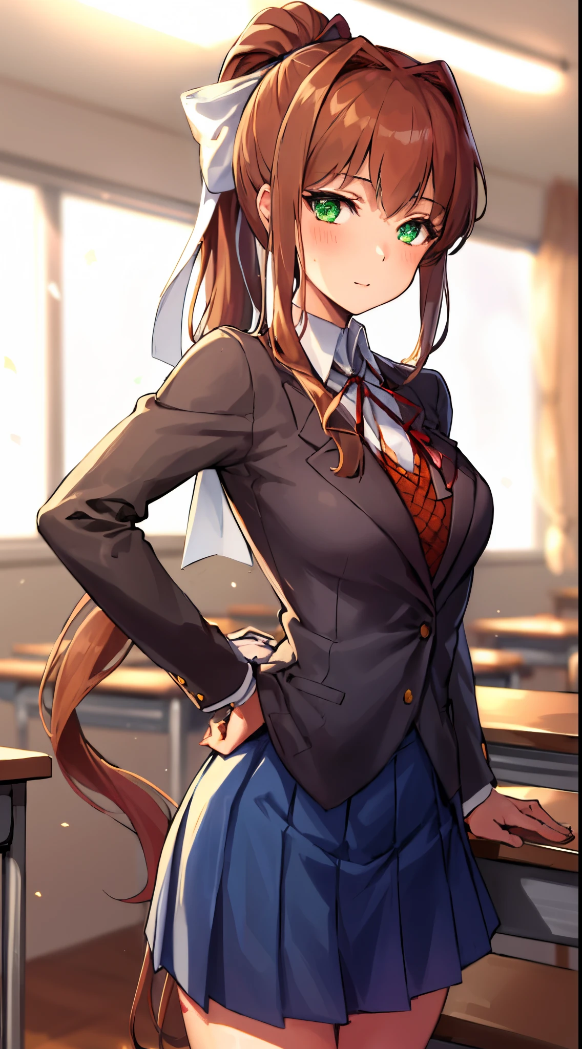 masterpiece, best quality, anime, highly detailed, 1girl, solo, school uniform, standing, classroom, monika, green eyes, brown hair, very long hair, ponytail, hair ribbon, white ribbon,