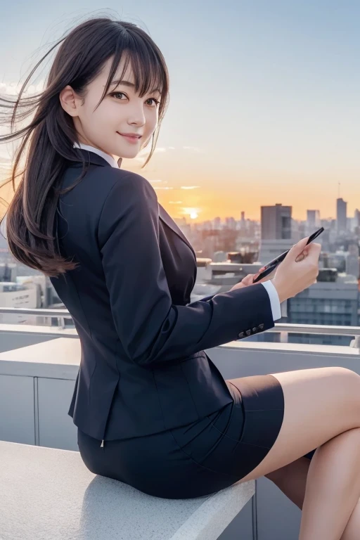 masutepiece, Best Quality, hight resolution,Detailed face,1girl in, Japanese,large full breasts,Smile,(Simple business suit,Jacket,pencil skirts:1.1),high-heels,tokyo prefecture, On the rooftop, Overlooking, bustling city, urban jungle, Skyscrapers, a panoramic view, Sunset, sky line,Windy,(:1.5),Office,Open mouth,from the rear,Spread legs,Windy,Wide eyes with accurate depiction,Distinct eyes,