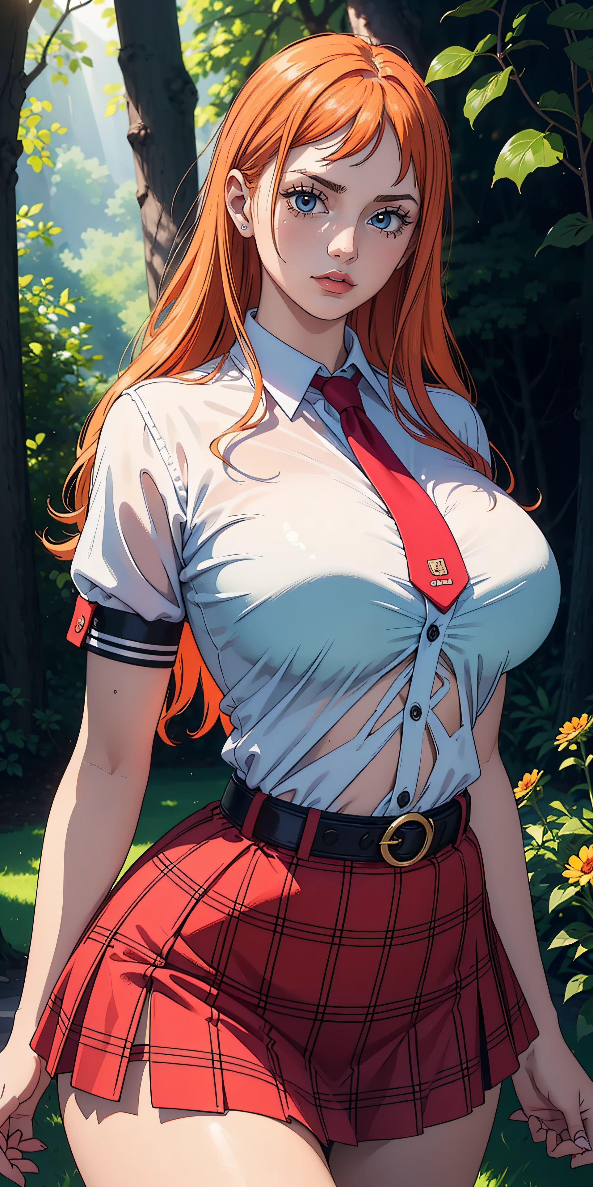 (best quality,4k,8k,highres,masterpiece:1.2),ultra-detailed,realistic,sexy high school girl with orange hair in a garden setting,beautiful detailed eyes, beautiful detailed lips,extremely detailed eyes and face,long eyelashes,flawless skin,pink panties peeking from under the skirt,gorgeous pink and black school uniform,fitted skirt accentuating the curves,plaid pattern on the skirt,cropped white blouse,unbuttoned top buttons,large round breasts,confident and alluring pose,sunlight filtering through the trees,soft warm lighting,floral background, vibrant colors,portraits,high contrast,color grading with warm tones.