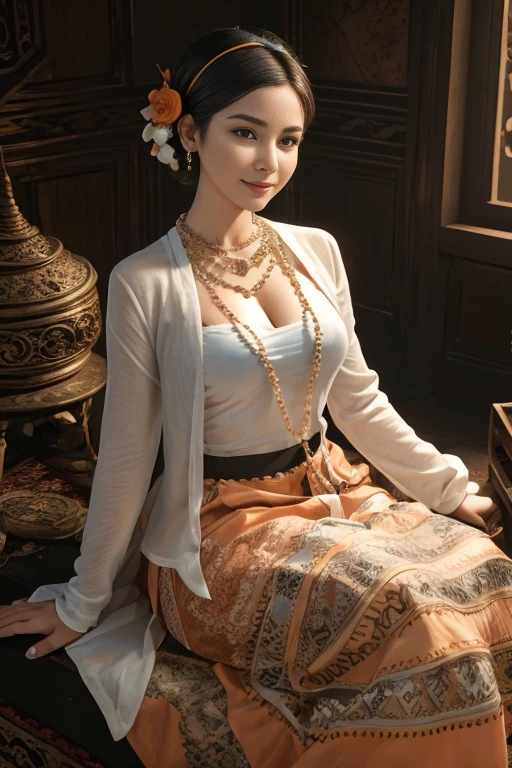 (realistic:1.3), insane detailed, quality, (masterpiece:1.2), (photorealistic:1.2), (best quality), (detailed skin:1.3), (intricate details), ray tracing, (((full body))), ((1woman)), (((1 person))), 27 years old, short hair, smile, orange dress, skirt with pattern, color contrast between the dress and the skirt, skirt pattern, earrings, necklace, Javanese ornament, (blurred background), ((eyes on camera)), Breast cleavage, medium breast