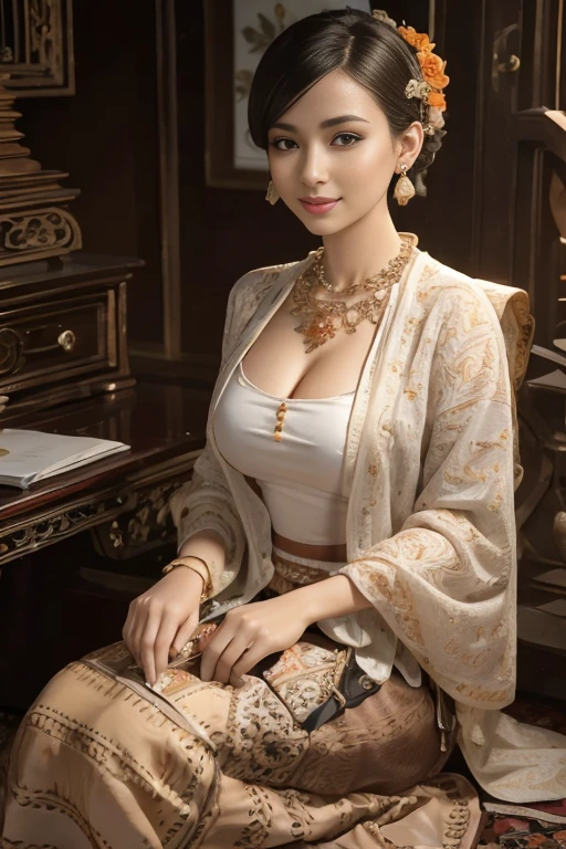 (realistic:1.3), insane detailed, quality, (masterpiece:1.2), (photorealistic:1.2), (best quality), (detailed skin:1.3), (intricate details), ray tracing, (((full body))), ((1woman)), (((1 person))), 27 years old, short hair, smile, orange dress, skirt with pattern, color contrast between the dress and the skirt, skirt pattern, earrings, necklace, Javanese ornament, (blurred background), ((eyes on camera)), Breast cleavage, medium breast